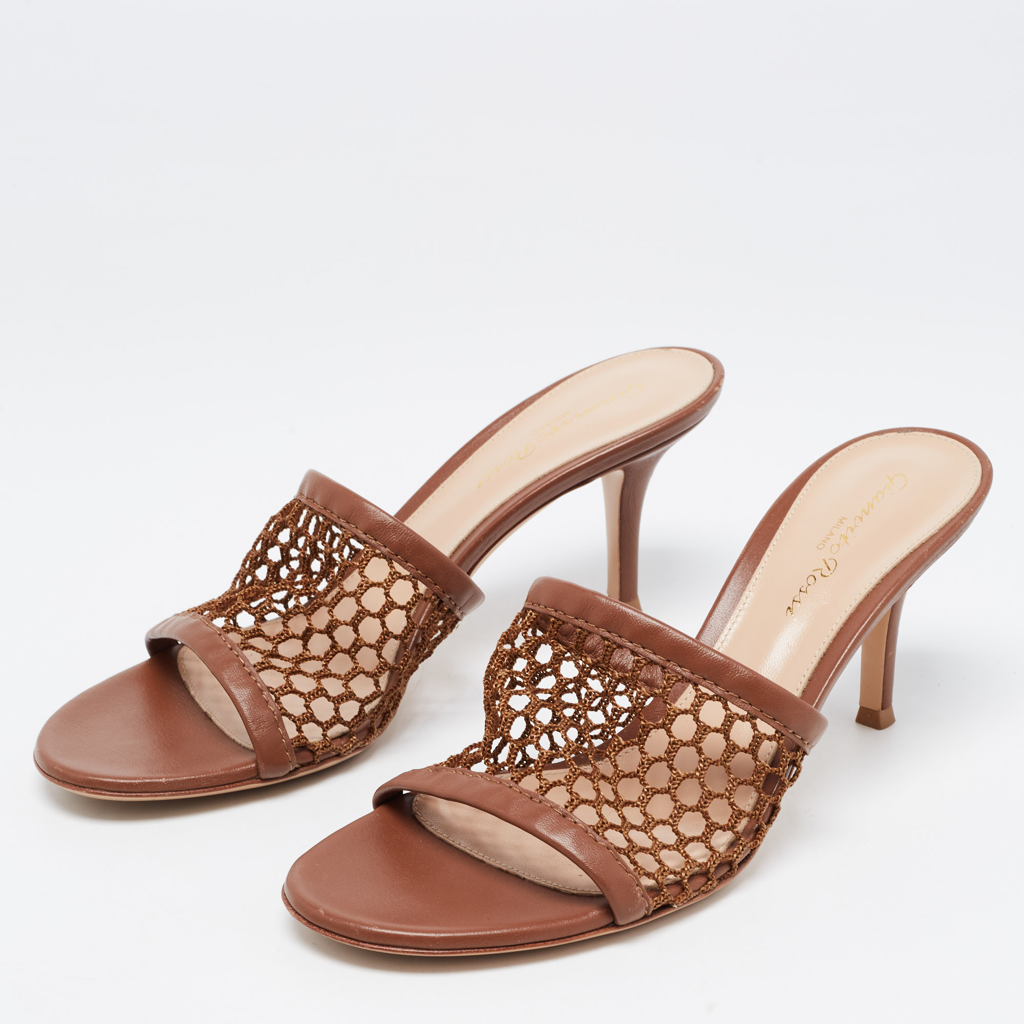 

Gianvito Rossi Brown Leather and Mesh Slide Sandals Size