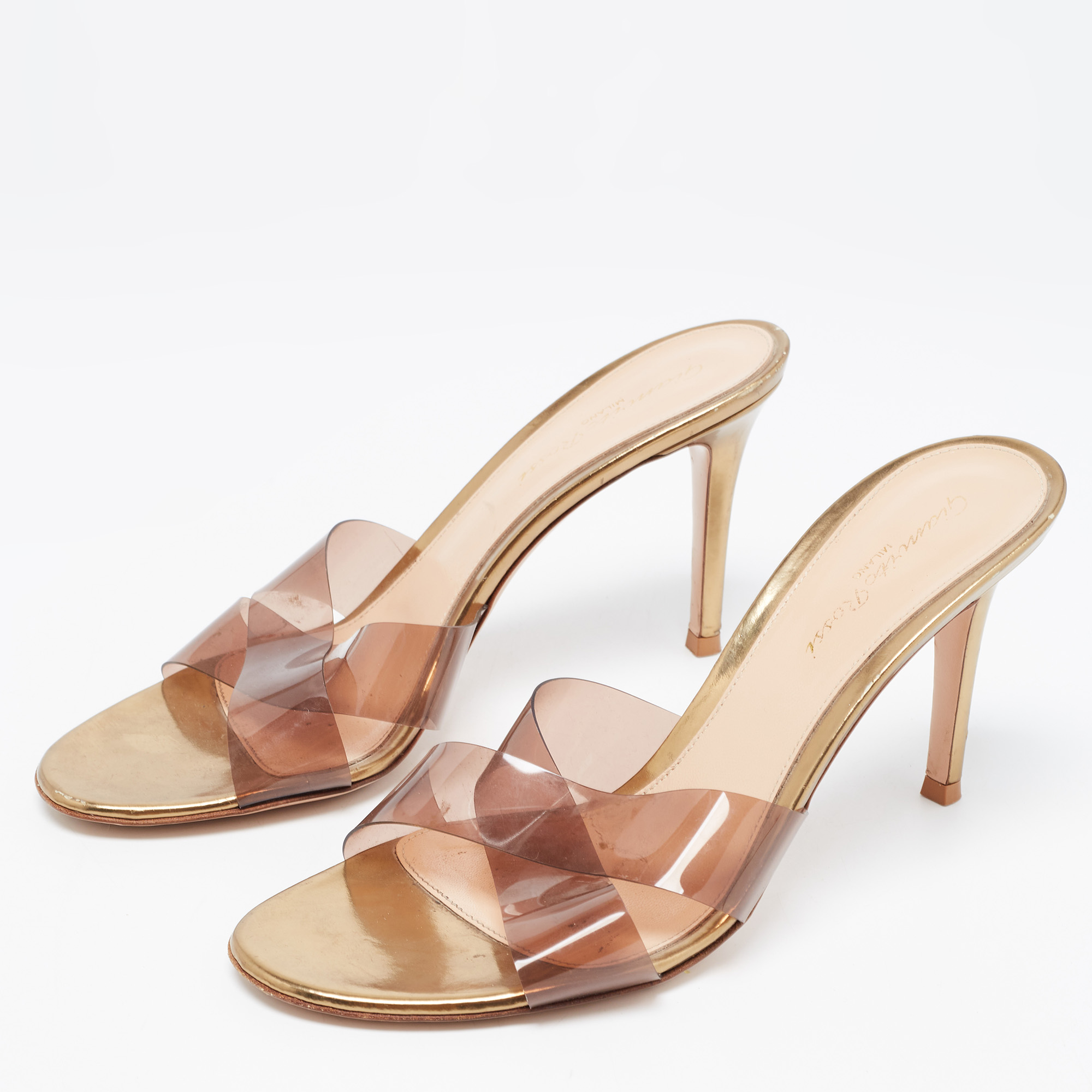 

Gianvito Rossi Gold PVC and Leather Slide Sandals Size