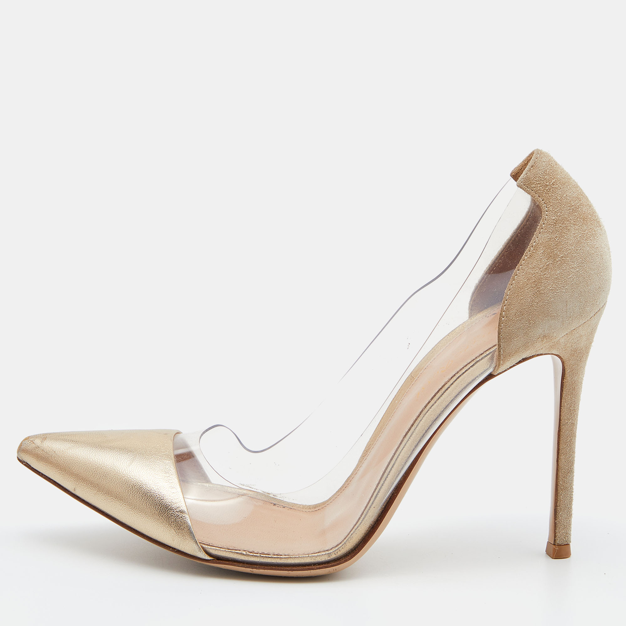 

Gianvito Rossi Gold Leather, Suede and PVC Plexi Pumps Size