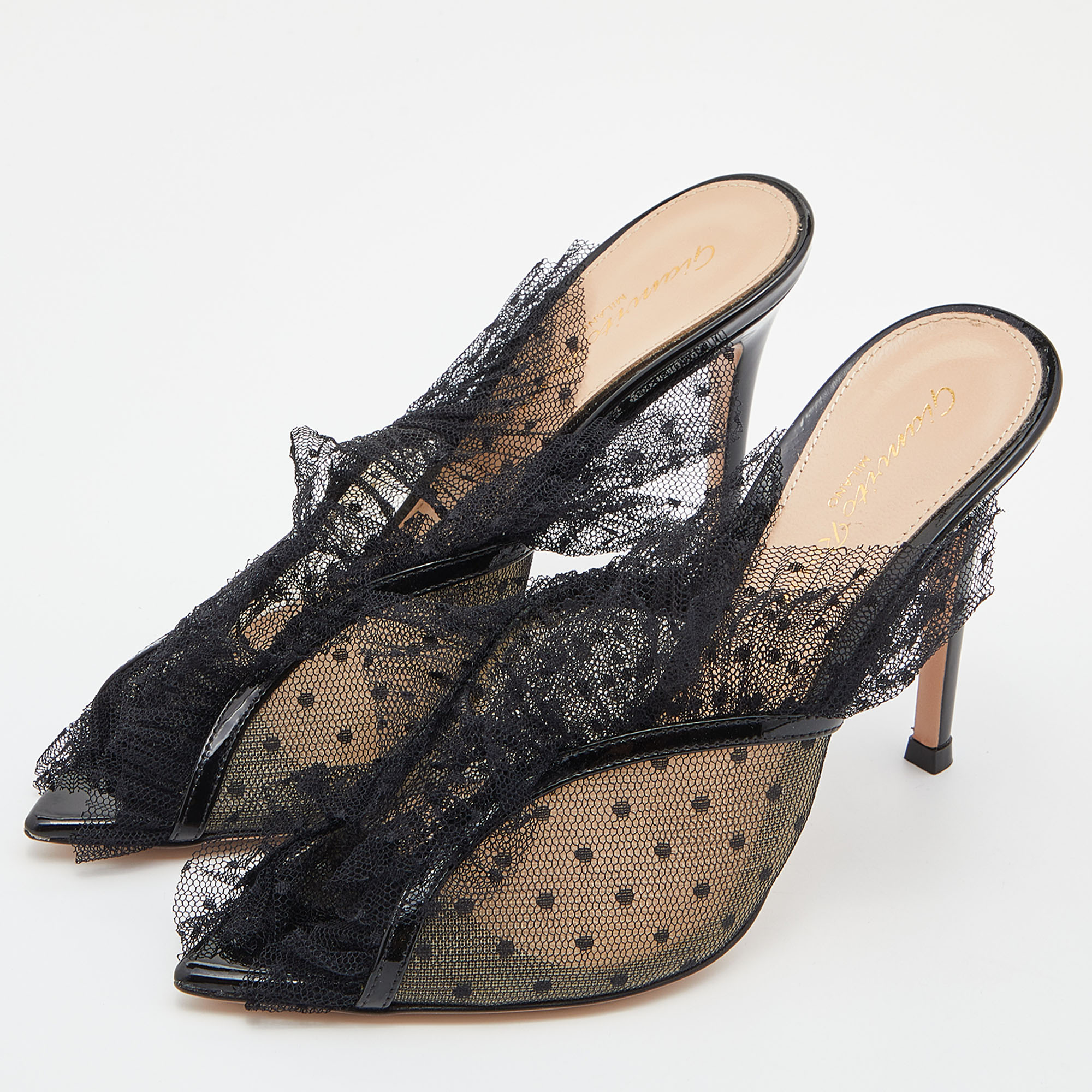 

Gianvito Rossi Black Lace, Mesh and Patent Leather Mule Sandals Size