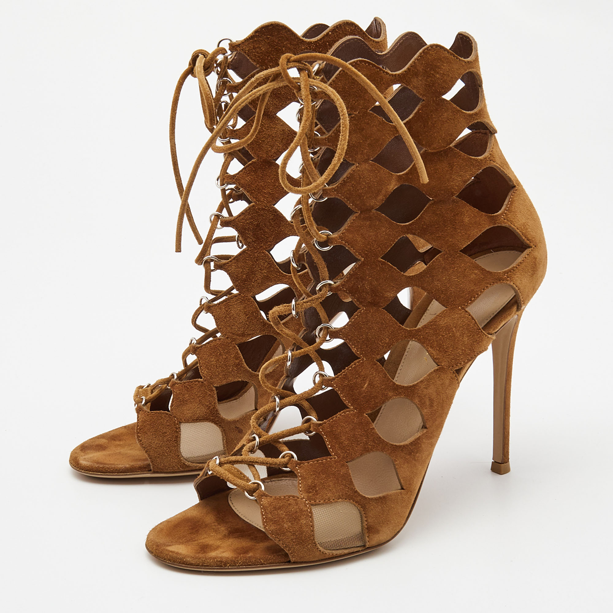 

Gianvito Rossi Brown Suede Azalia Cut Out Lace Up Sandals Size