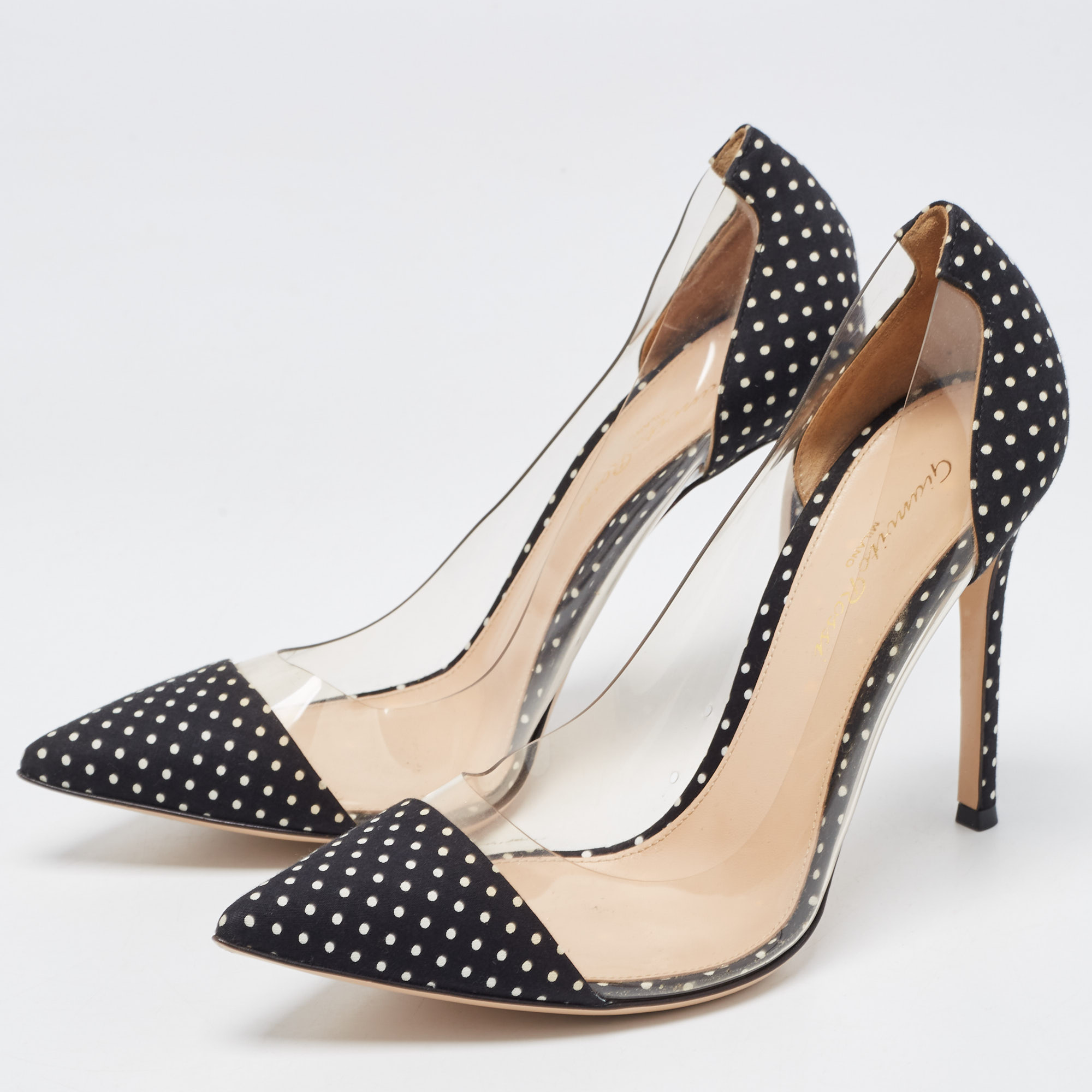 

Gianvito Rossi Black/Transparent Polka Dot Fabric And PVC Plexi Pointed Toe Pumps Size
