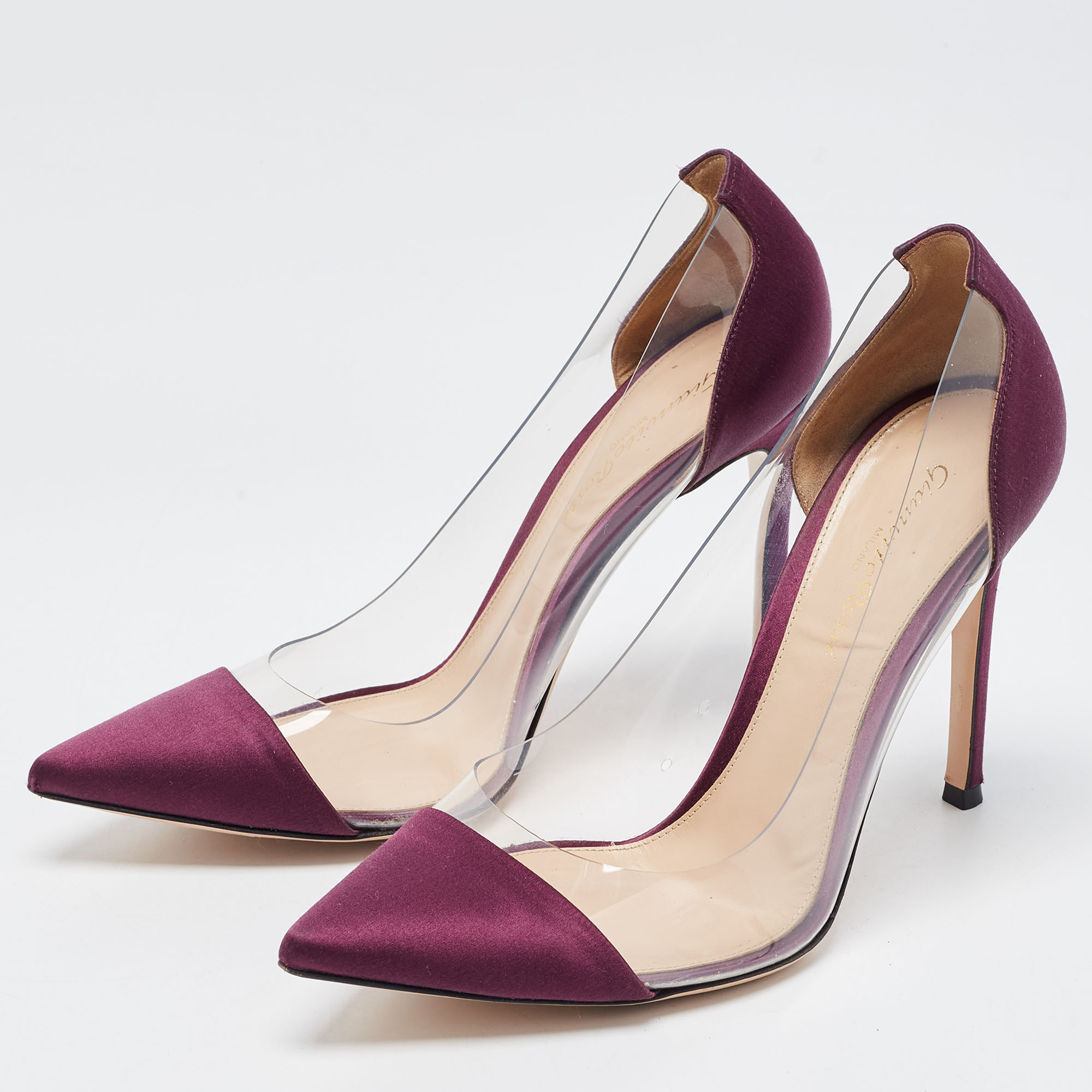 

Gianvito Rossi Purple Satin and PVC Plexi Pointed Toe Pumps Size