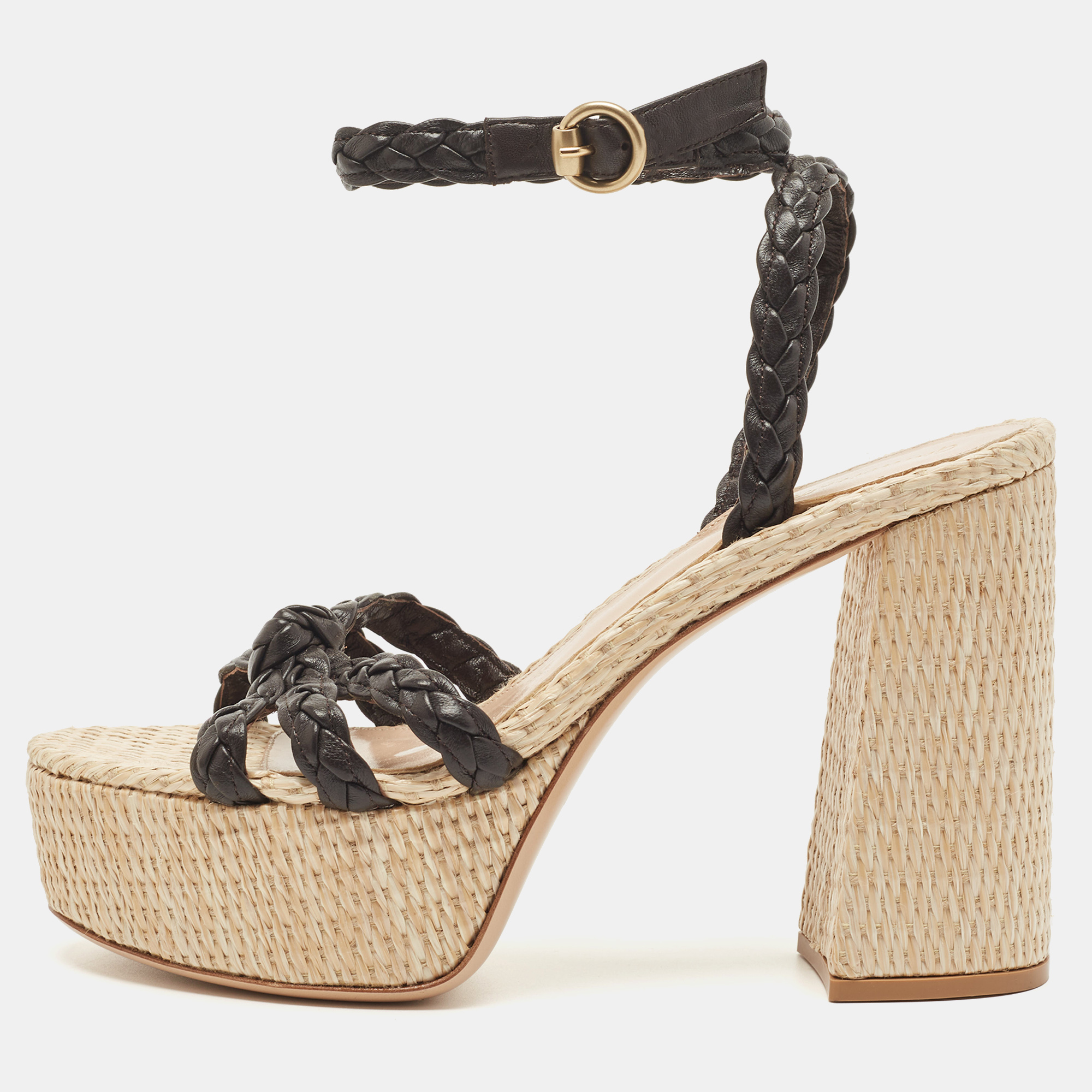 

Gianvito Rossi Brown Woven Leather Ankle Strap Espadrille Platform Sandals Size