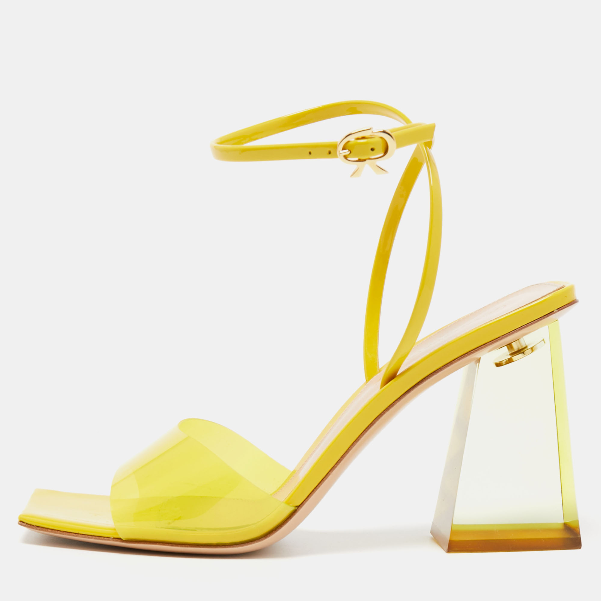 Pre-owned Gianvito Rossi Yellow Patent And Pvc Ankle Wrap Sandals Size 38