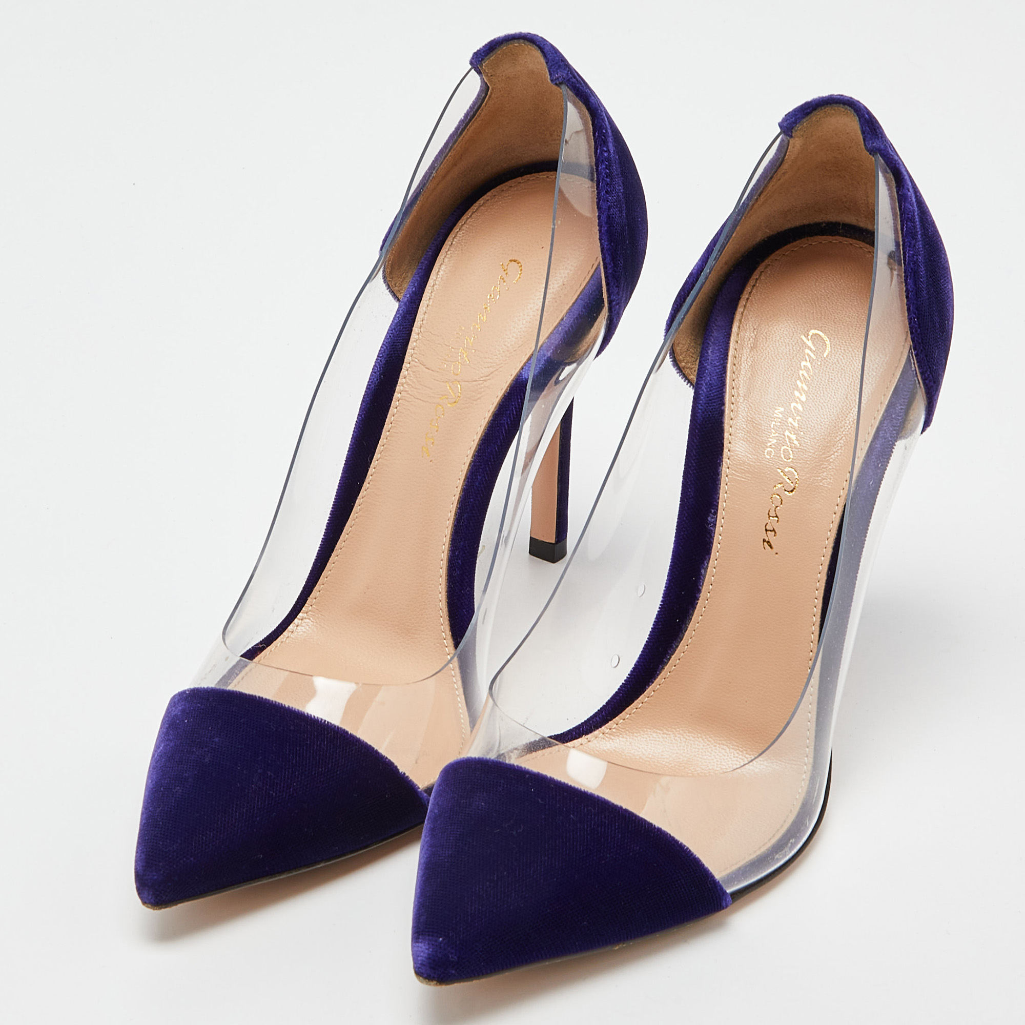 

Gianvito Rossi Purple Velvet and PVC Plexi Pointed Toe Pumps Size