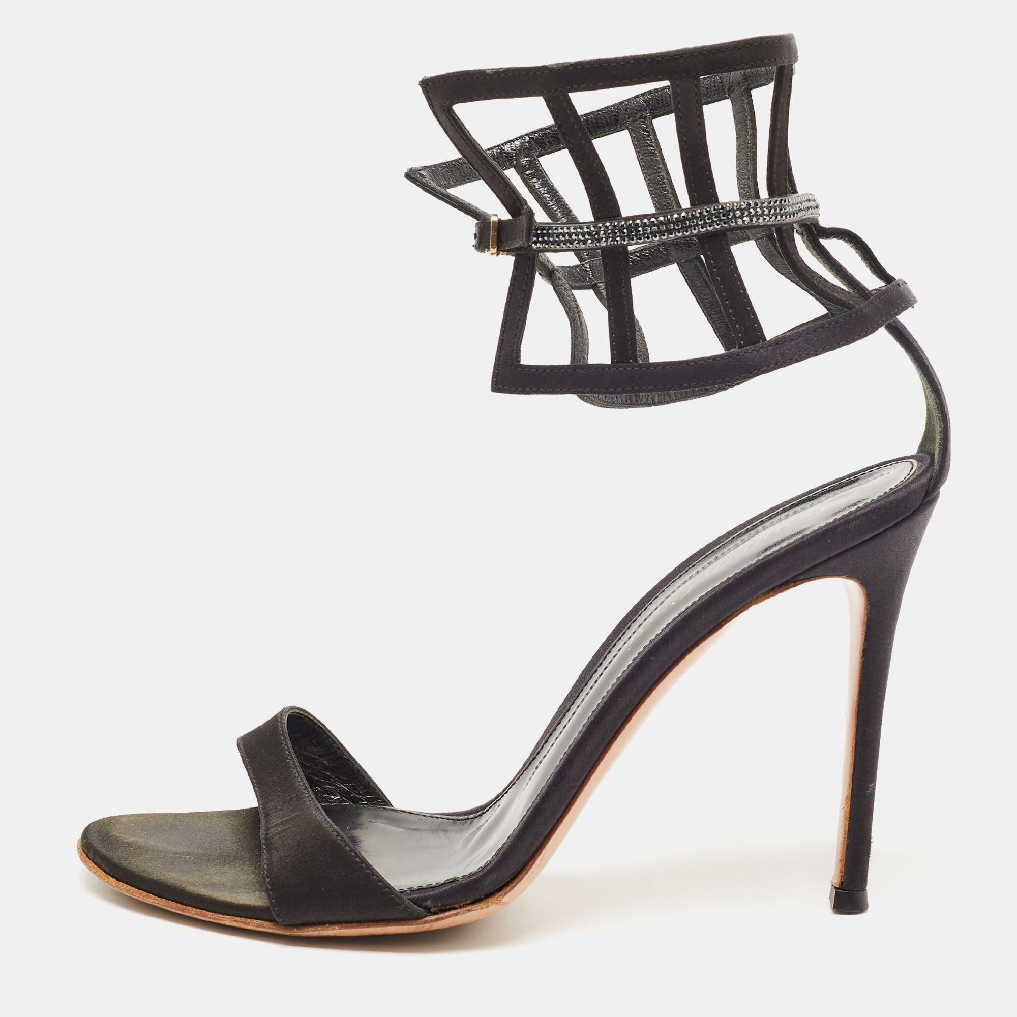 

Gianvito Rossi Black Satin Crystal Embellished Ankle Strap Sandals Size
