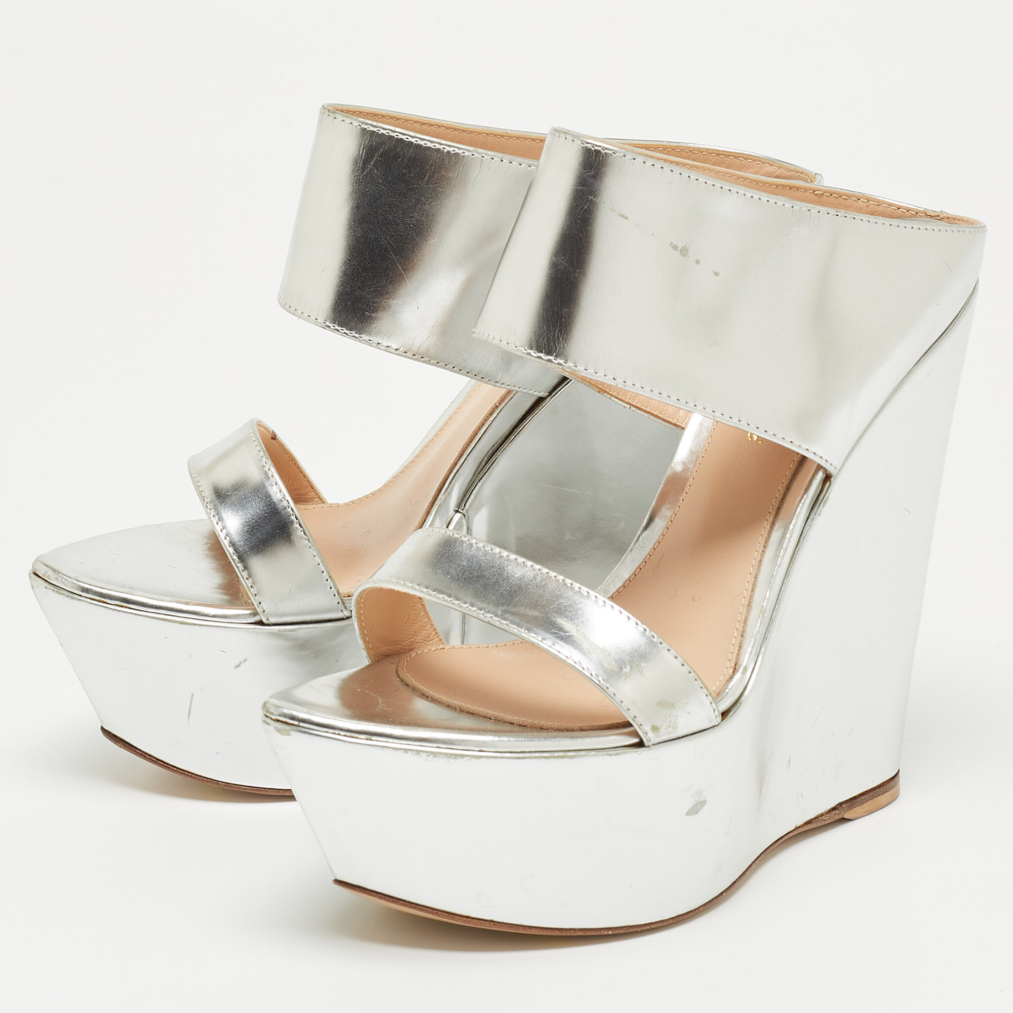 

Gianvito Rossi Silver Leather Wedge Slide Sandals Size