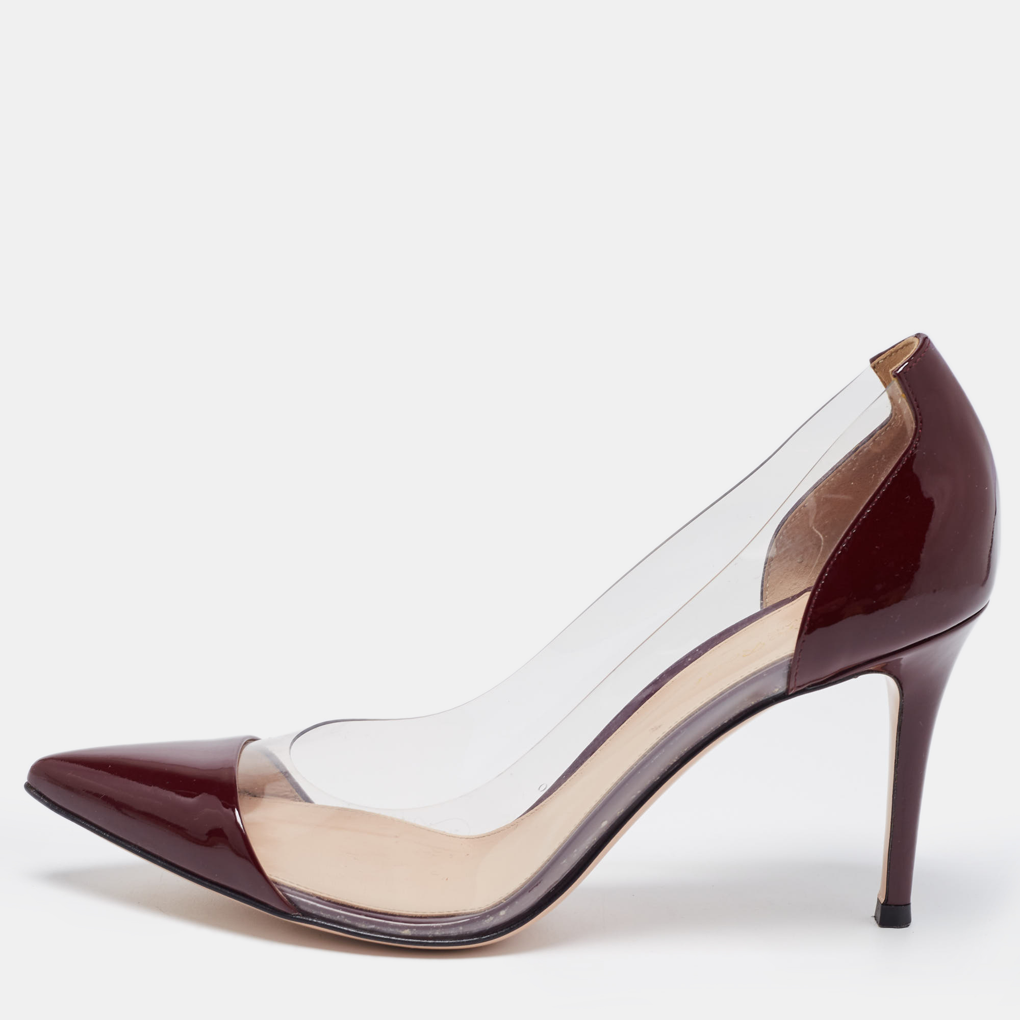 

Gianvito Rossi Burgundy Patent Leather and PVC Plexi Pointed Toe Pumps Size