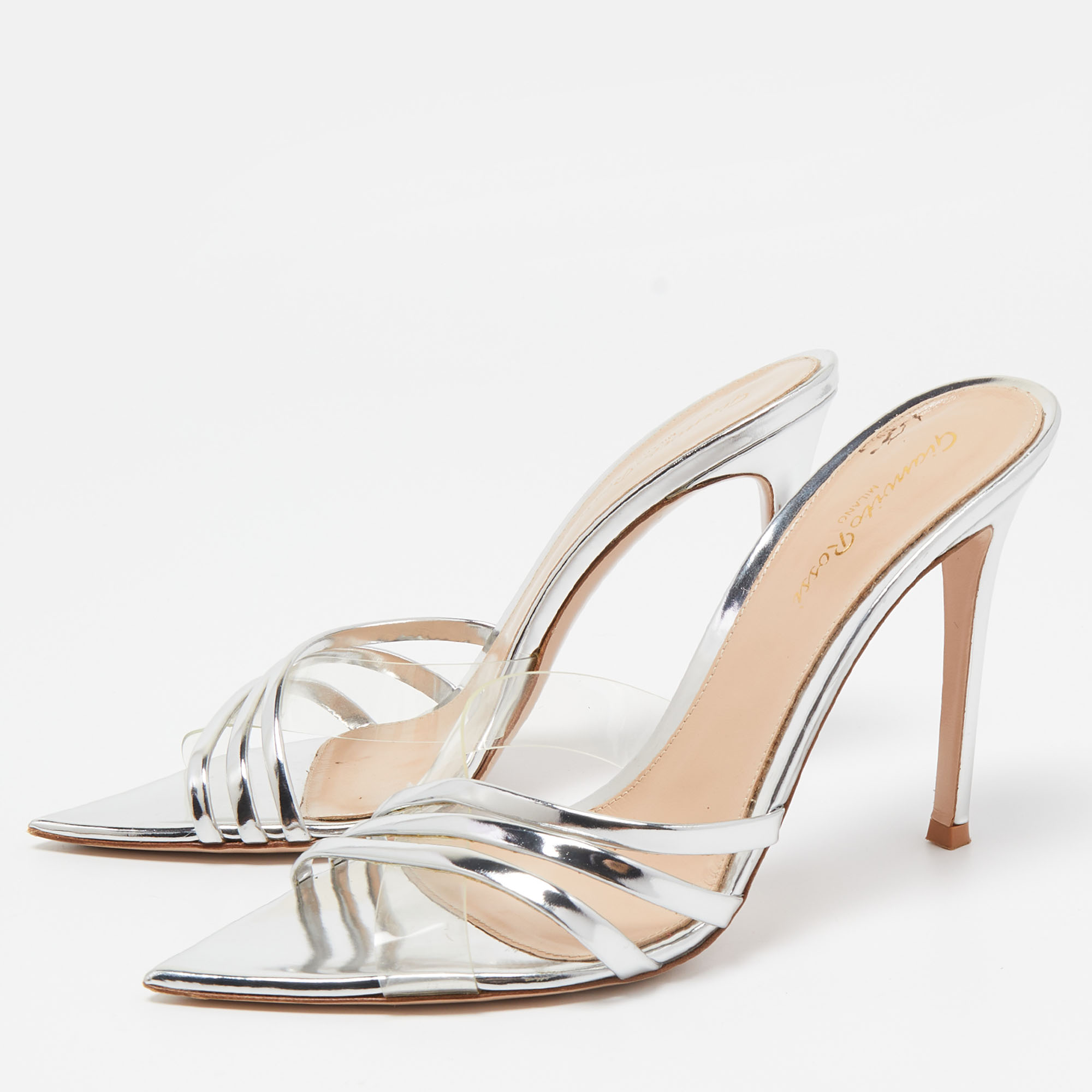 

Gianvito Rossi Silver PVC and Patent Leather Slide Sandals Size