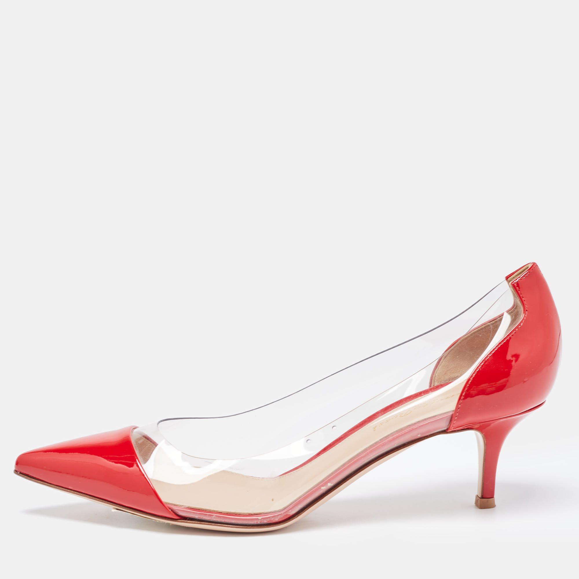 Pre-owned Gianvito Rossi Red Patent And Pvc Plexi Pumps Size 38.5