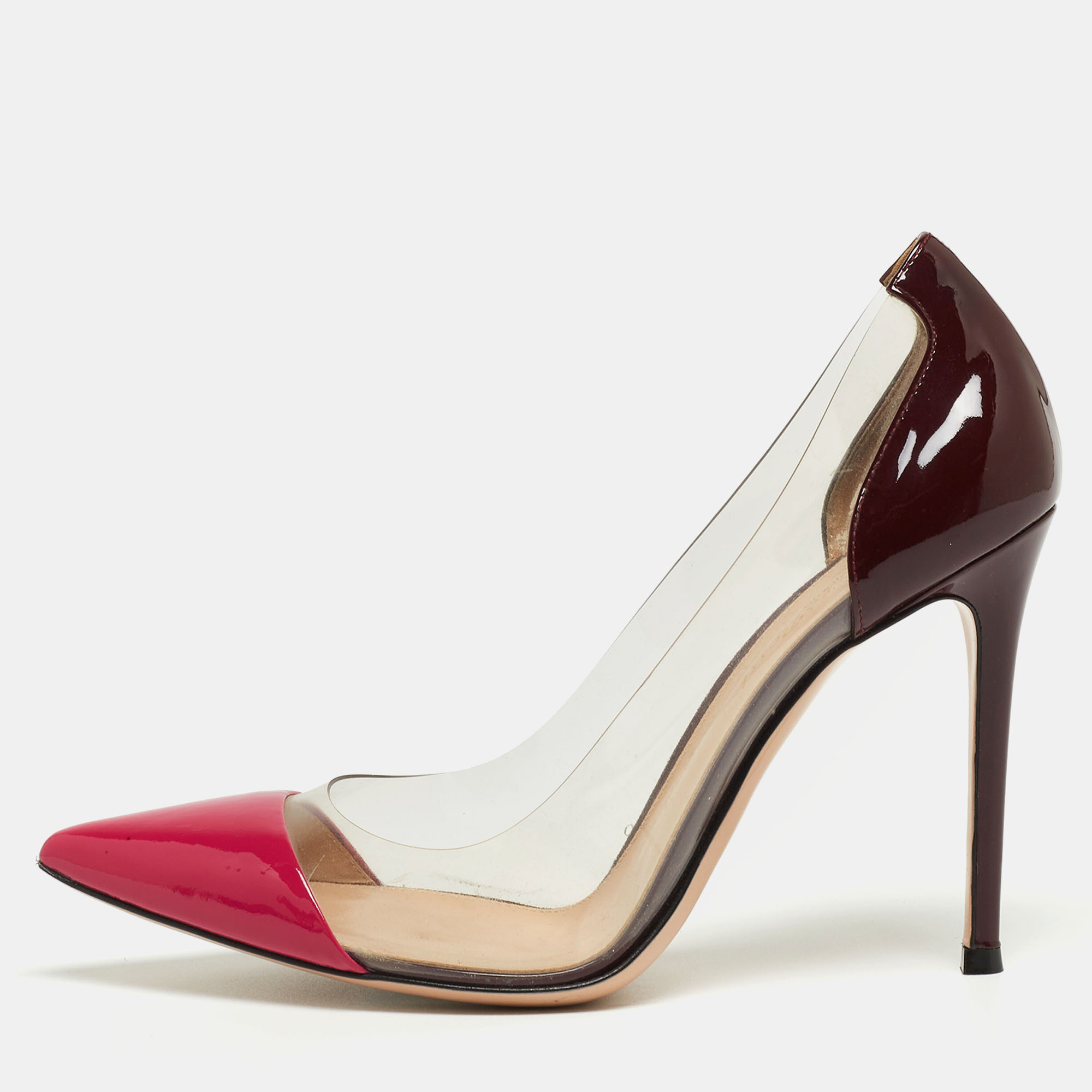 

Gianvito Rossi Pink/Burgundy Patent Leather and PVC Plexi Pumps Size