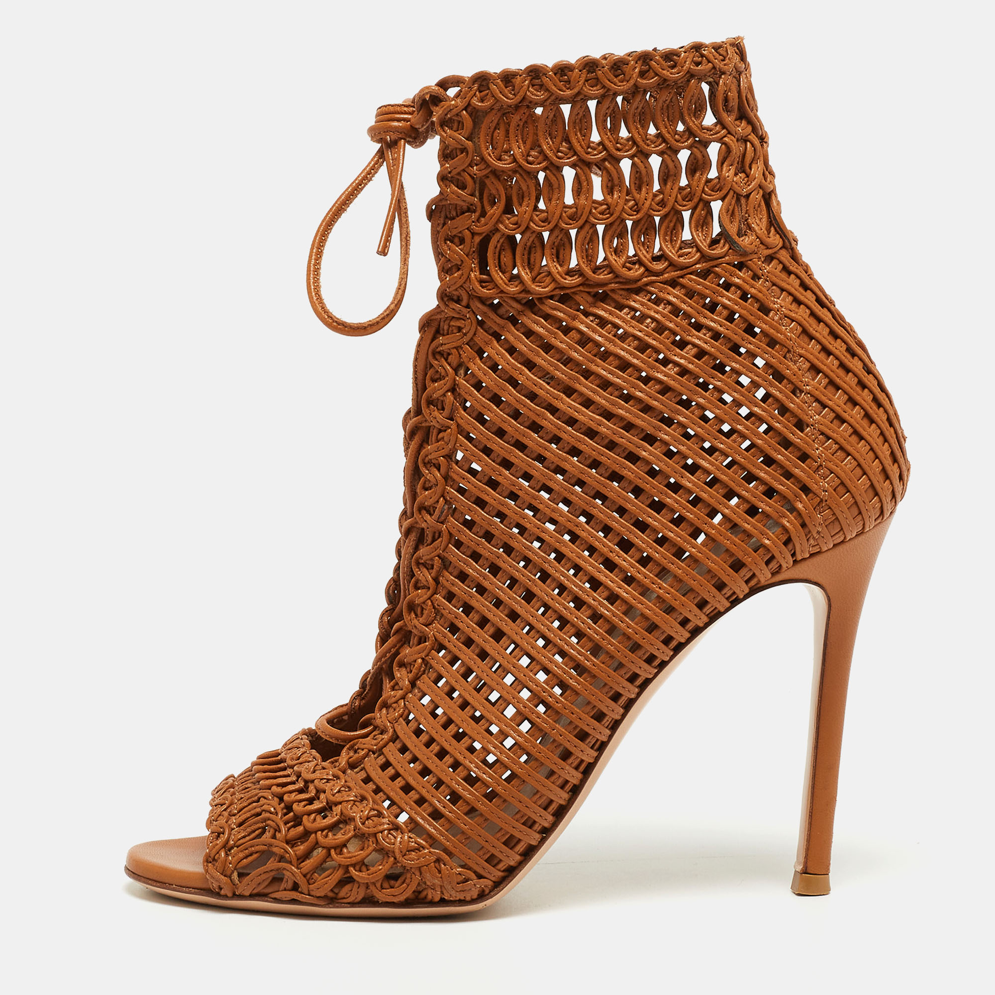 Pre-owned Gianvito Rossi Tan Woven Leather Marnie Ankle Booties Size 36.5
