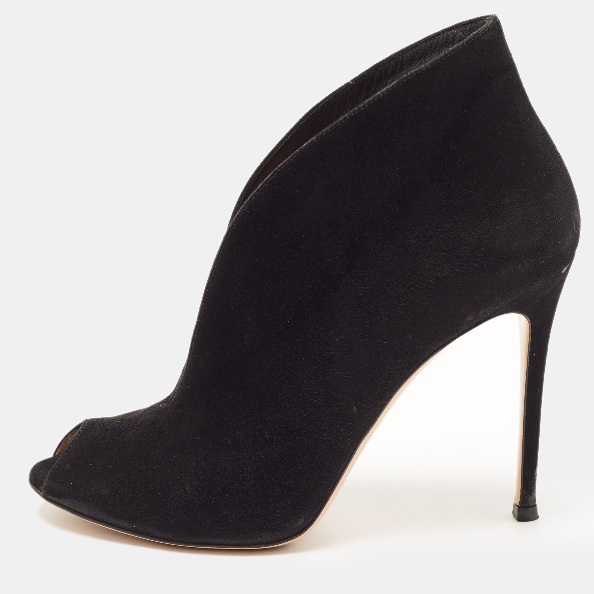 Pre-owned Gianvito Rossi Black Suede Vamp Peep Toe Ankle Booties Size 39