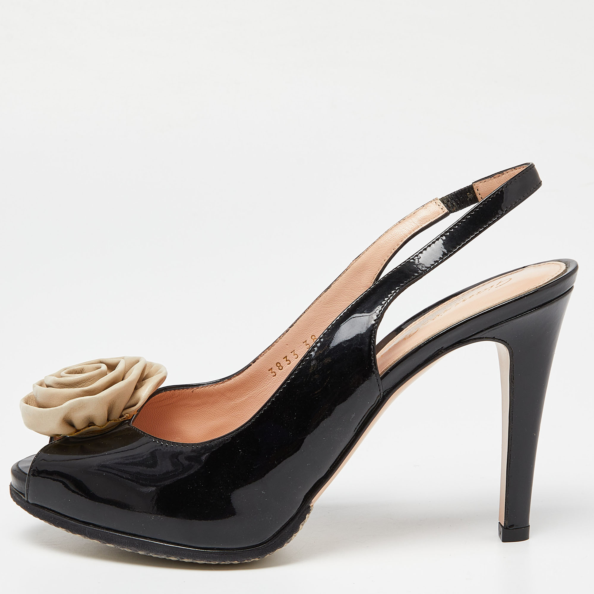 Pre-owned Gianvito Rossi Black Patent Leather Flower Applique Peep Toe Slingback Pumps Size 38