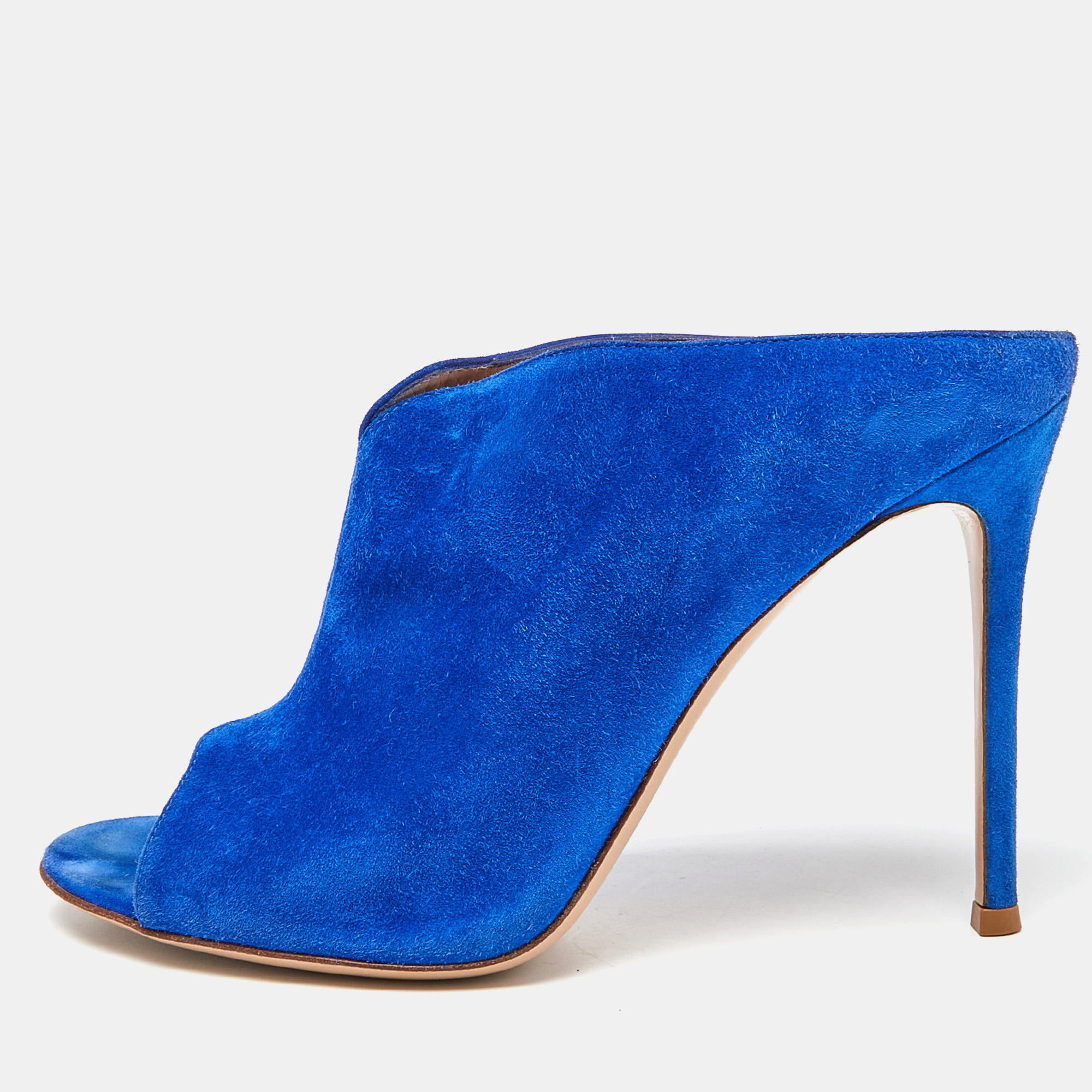 Pre-owned Gianvito Rossi Blue Suede Peep Toe Mules Size 39