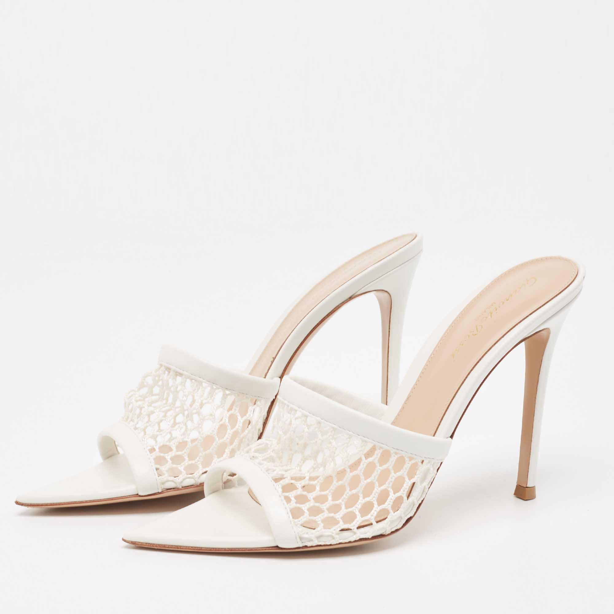 

Gianvito Rossi White Mesh And Leather Honeycomb Open Toe Mules Size
