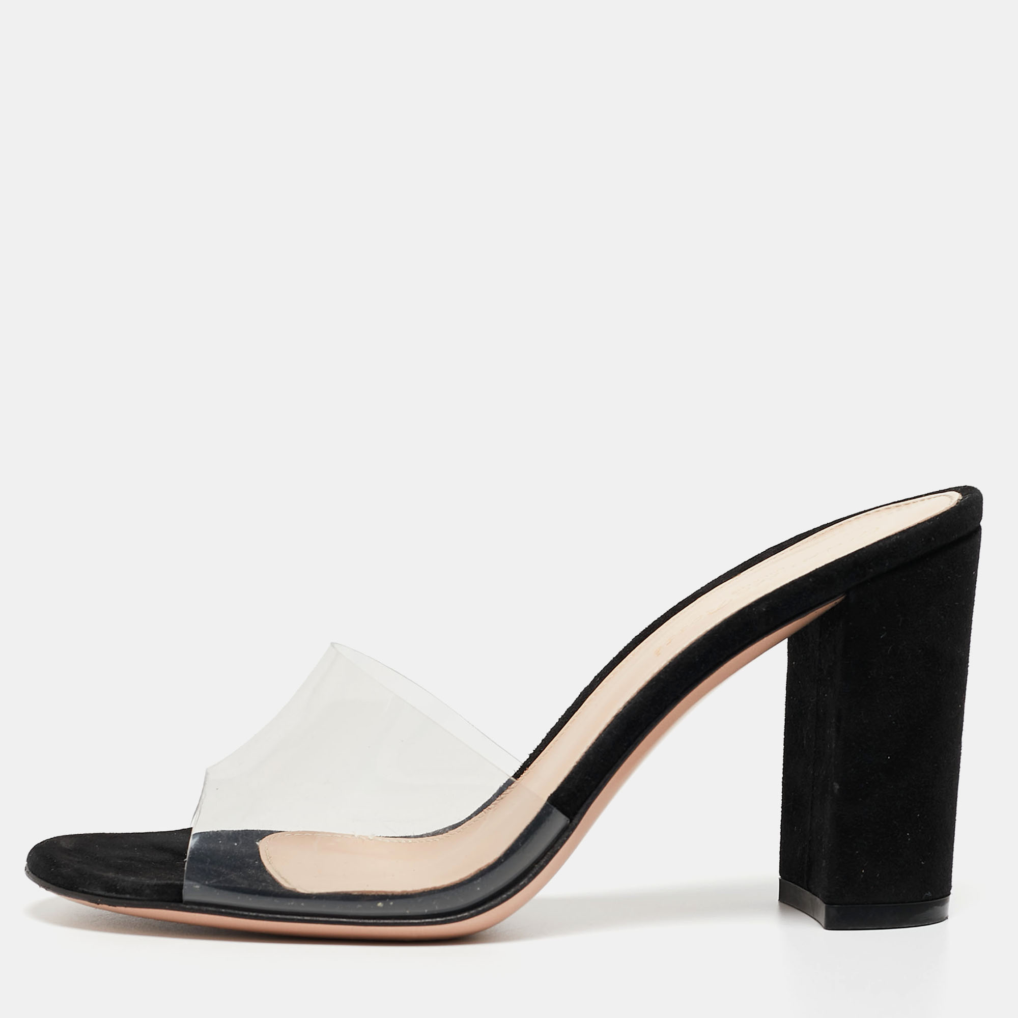 

Gianvito Rossi Black PVC and Suede Open Toe Block Heel Slide Sandals Size, Transparent