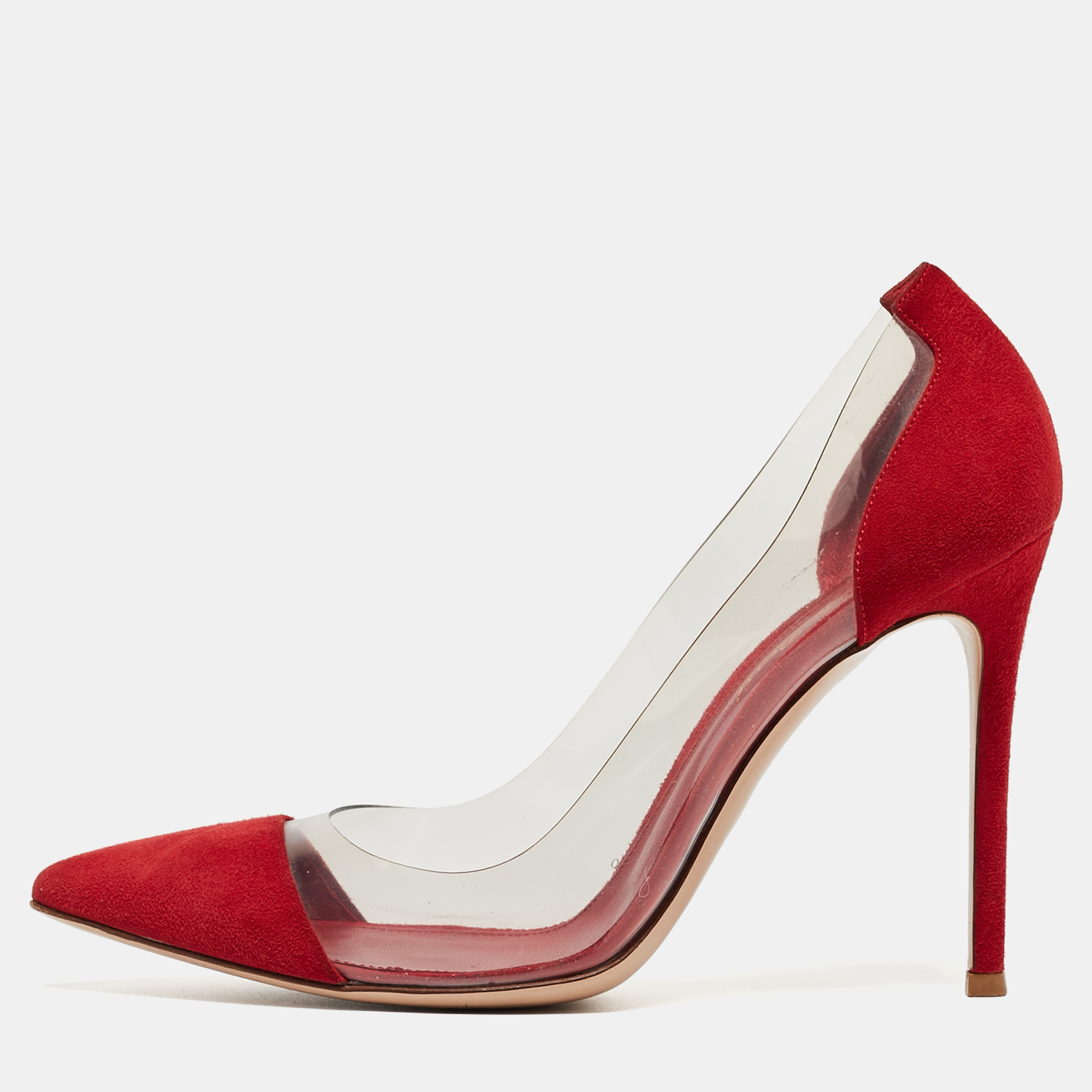 Pre-owned Gianvito Rossi Red Suede And Pvc Plexi Pumps Size 38.5