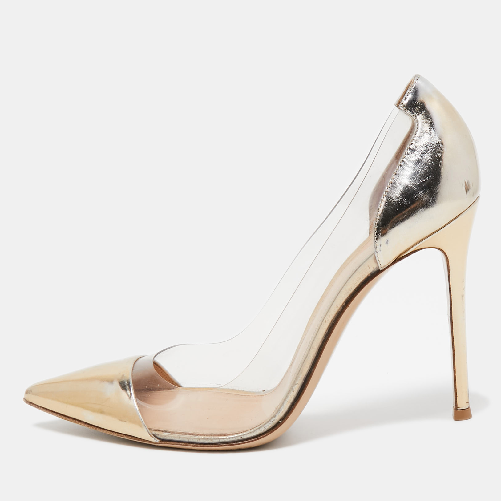 

Gianvito Rossi Metallic Gold Foil Leather and PVC Plexi Pointed Toe Pumps Size
