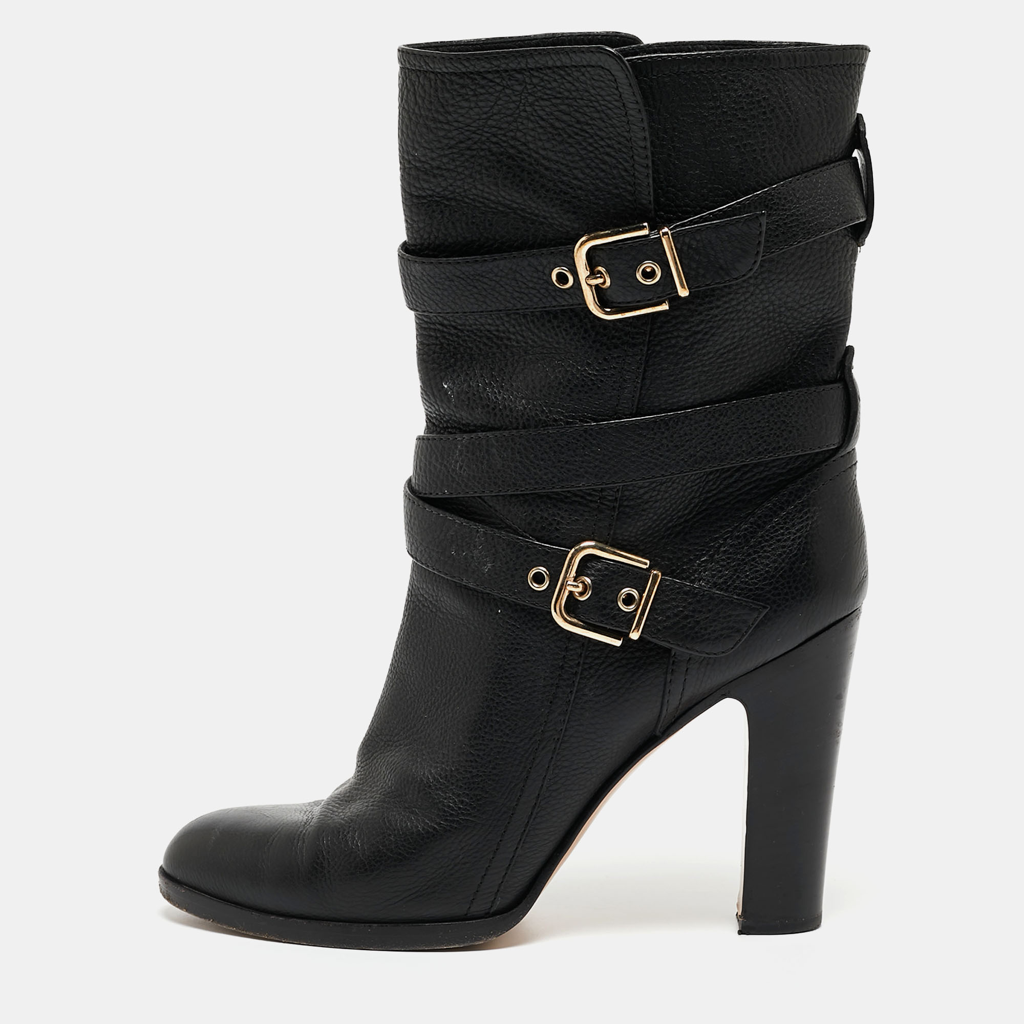 

Gianvito Rossi Black Leather Buckle Detail Mid Calf Boots Size