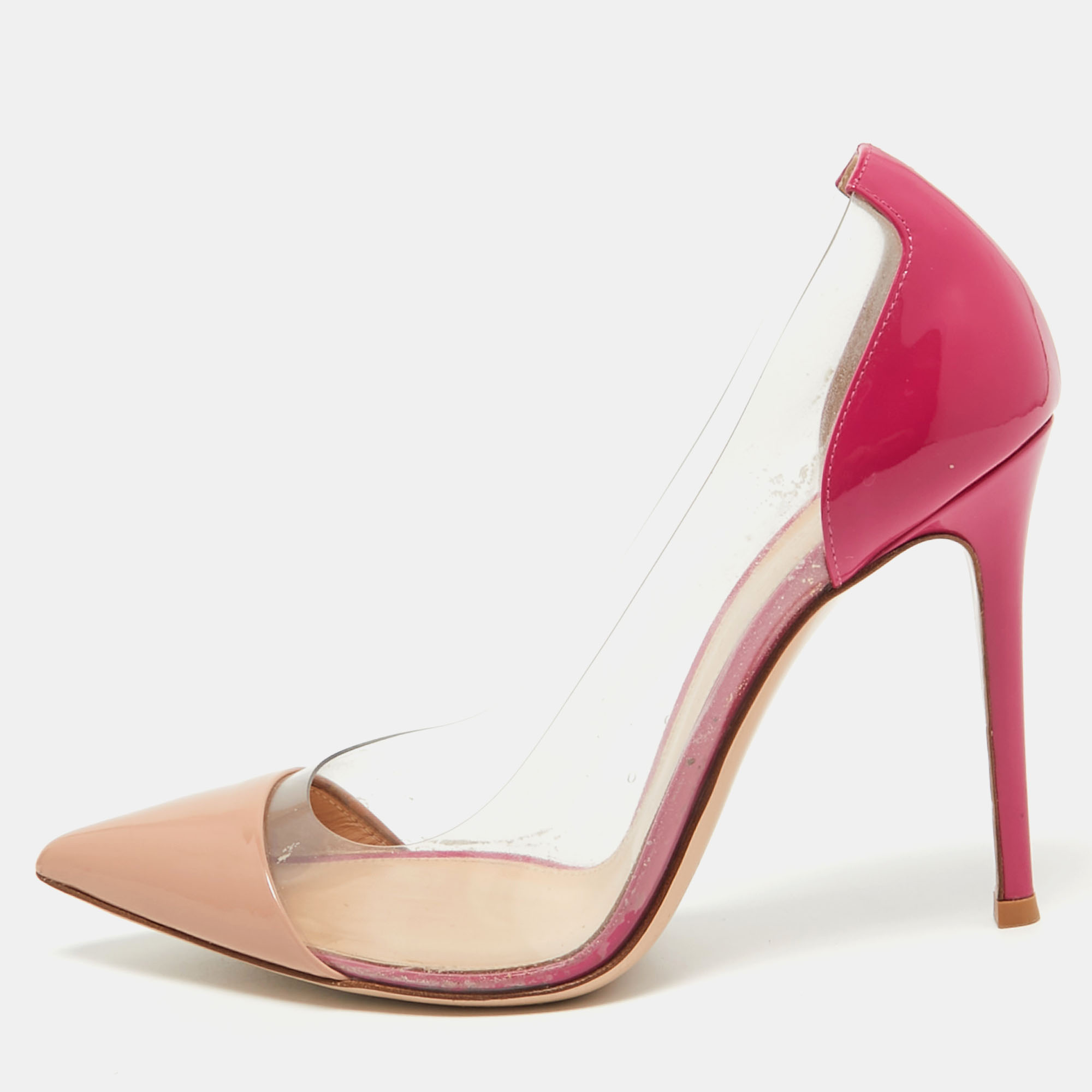 

Gianvito Rossi Pink/Beige Patent Leather and PVC Plexi Pumps Size