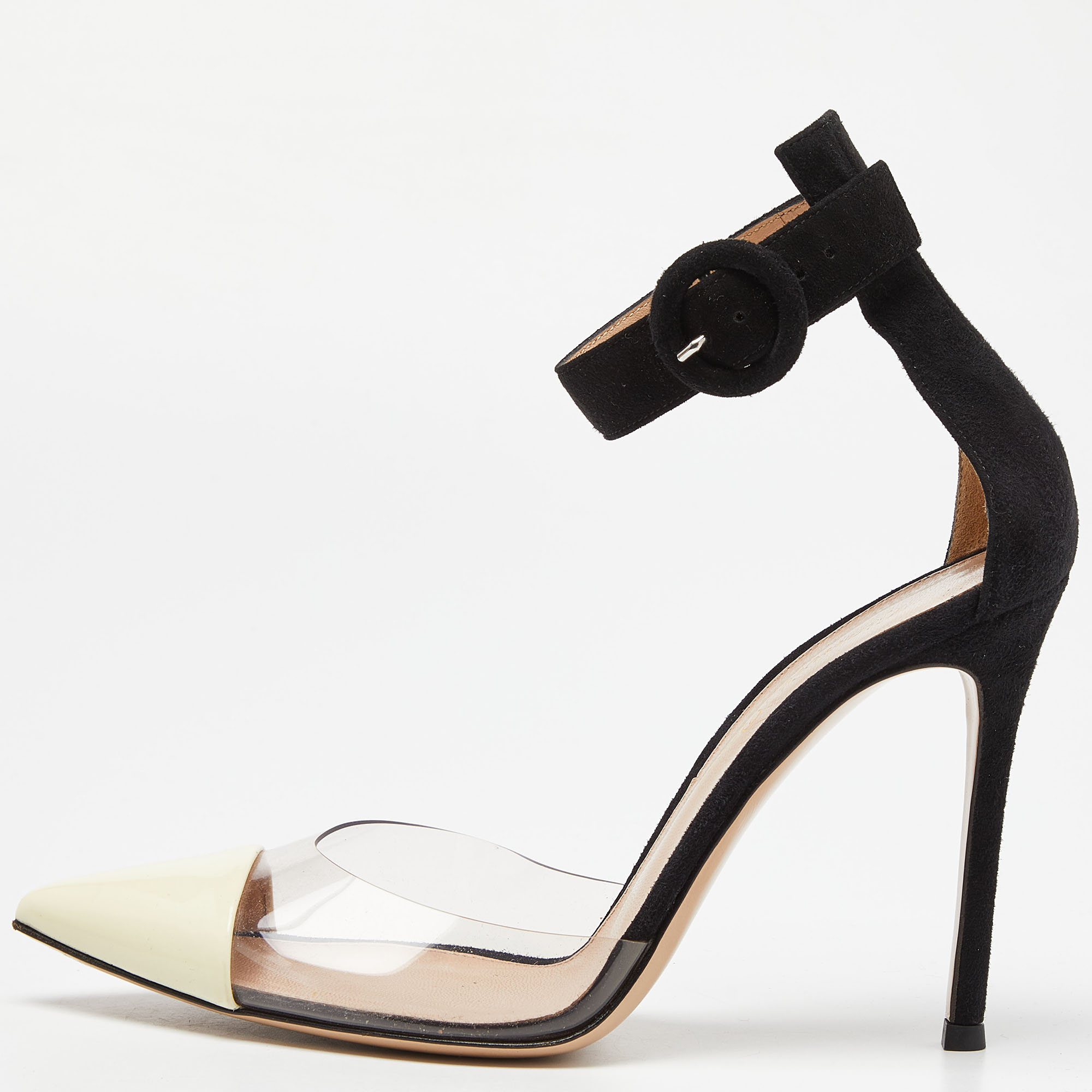 Pre-owned Gianvito Rossi Black/beige Suede Patent Leather And Pvc Ankle Strap Sandals Size 37.5