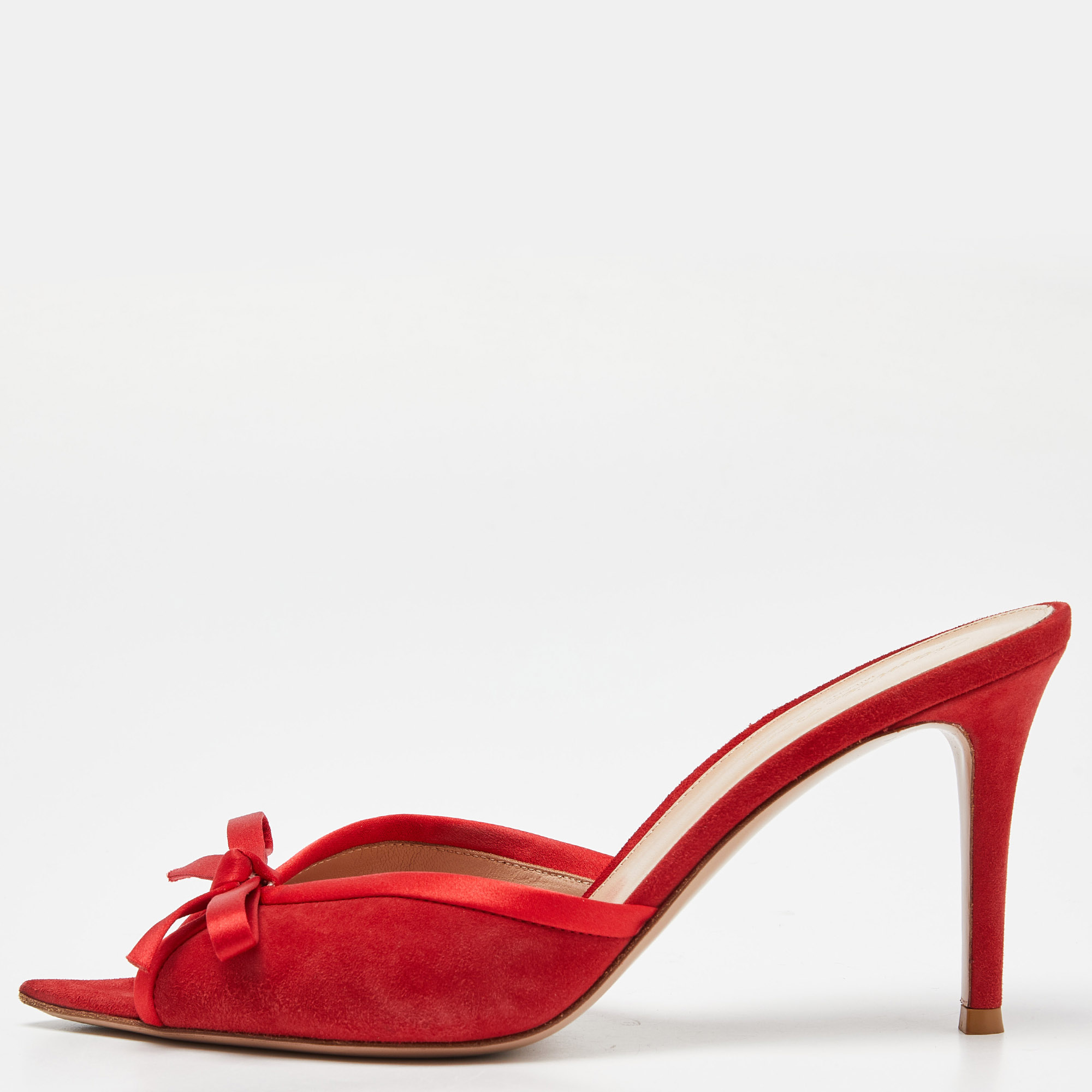 Pre-owned Gianvito Rossi Red Suede Bow Slide Sandals Size 38.5