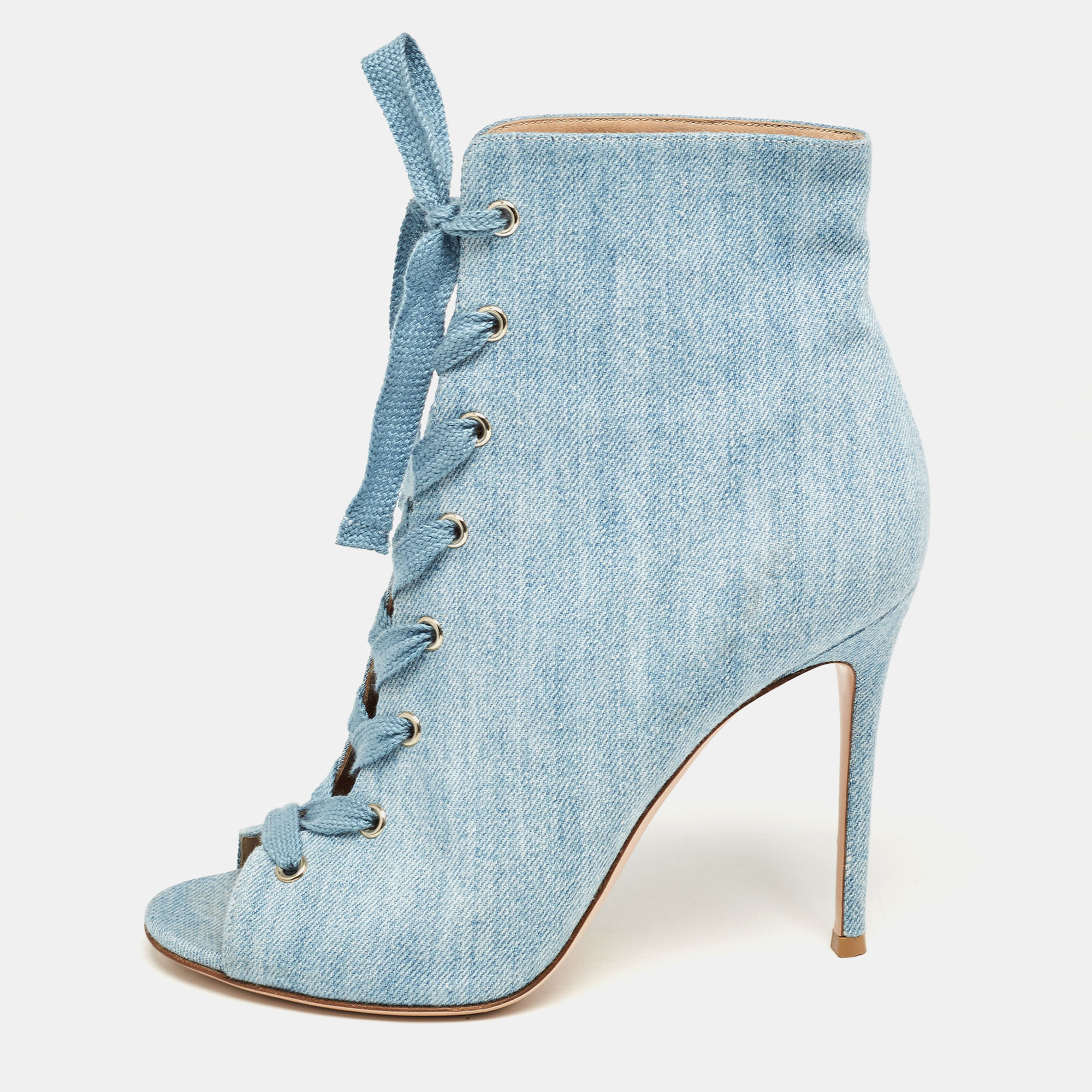 Pre-owned Gianvito Rossi Blue Denim Open Toe Lace Up Boots Size 40