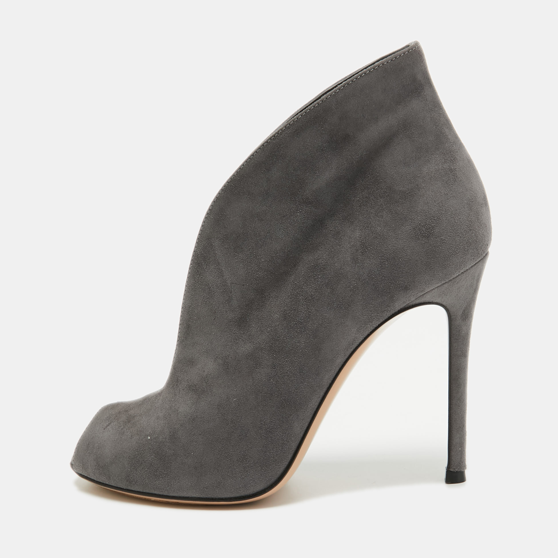 Pre-owned Gianvito Rossi Grey Suede V Neck Peep Toe Booties Size 36