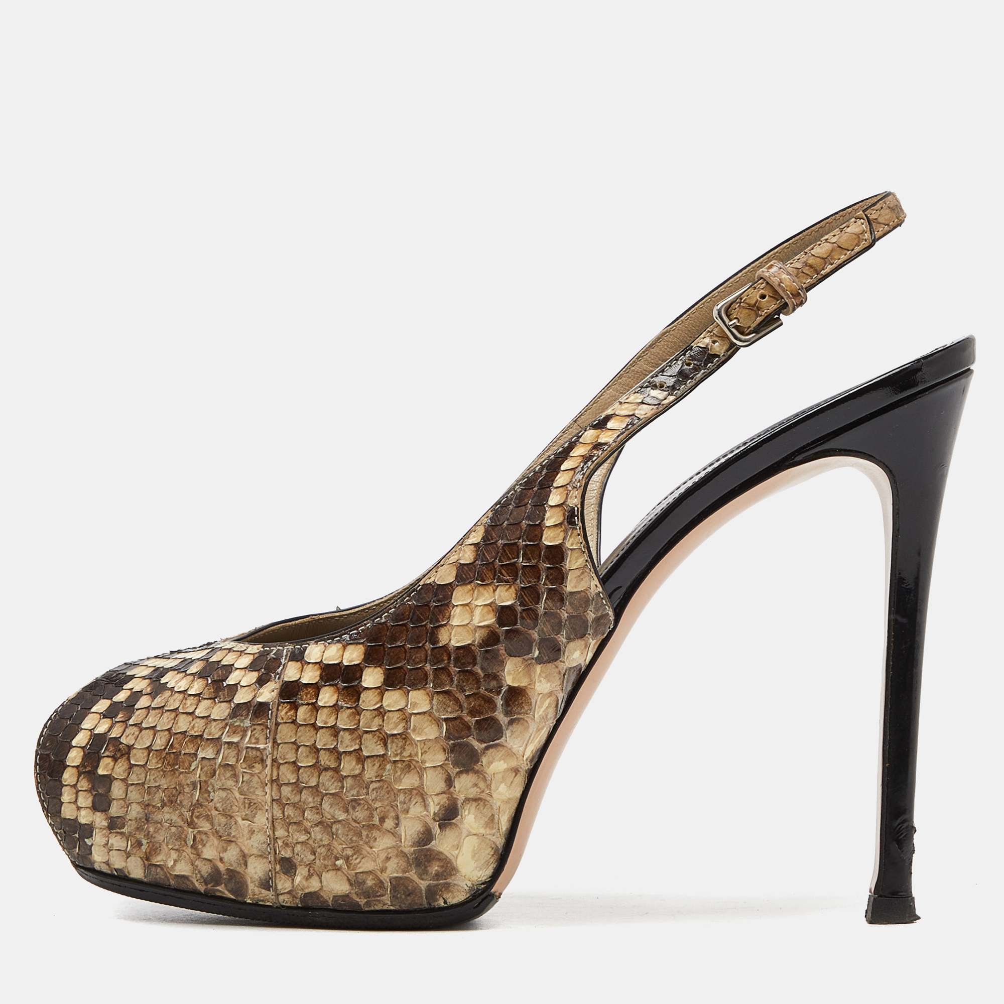 

Gianvito Rossi Beige/Brown Python Leather Peep Toe Slingback Pumps Size