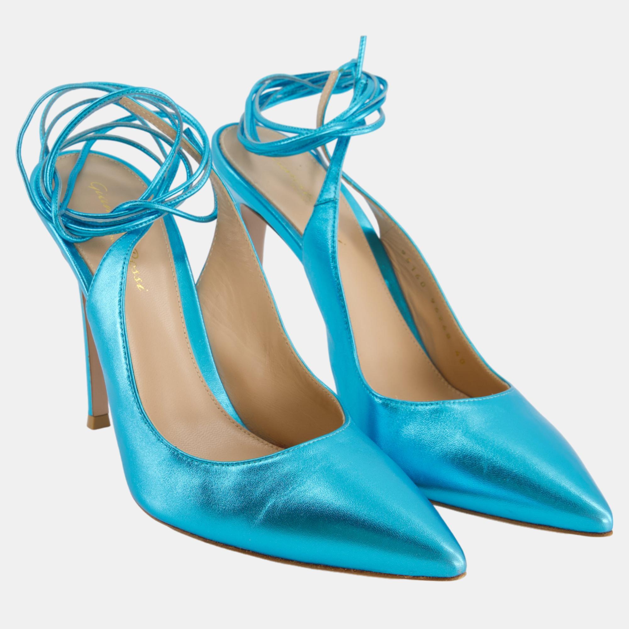 

Gianvito Rossi Aqua Metallic Pointed Toe Heels with Ankle Tie Size EU, Blue