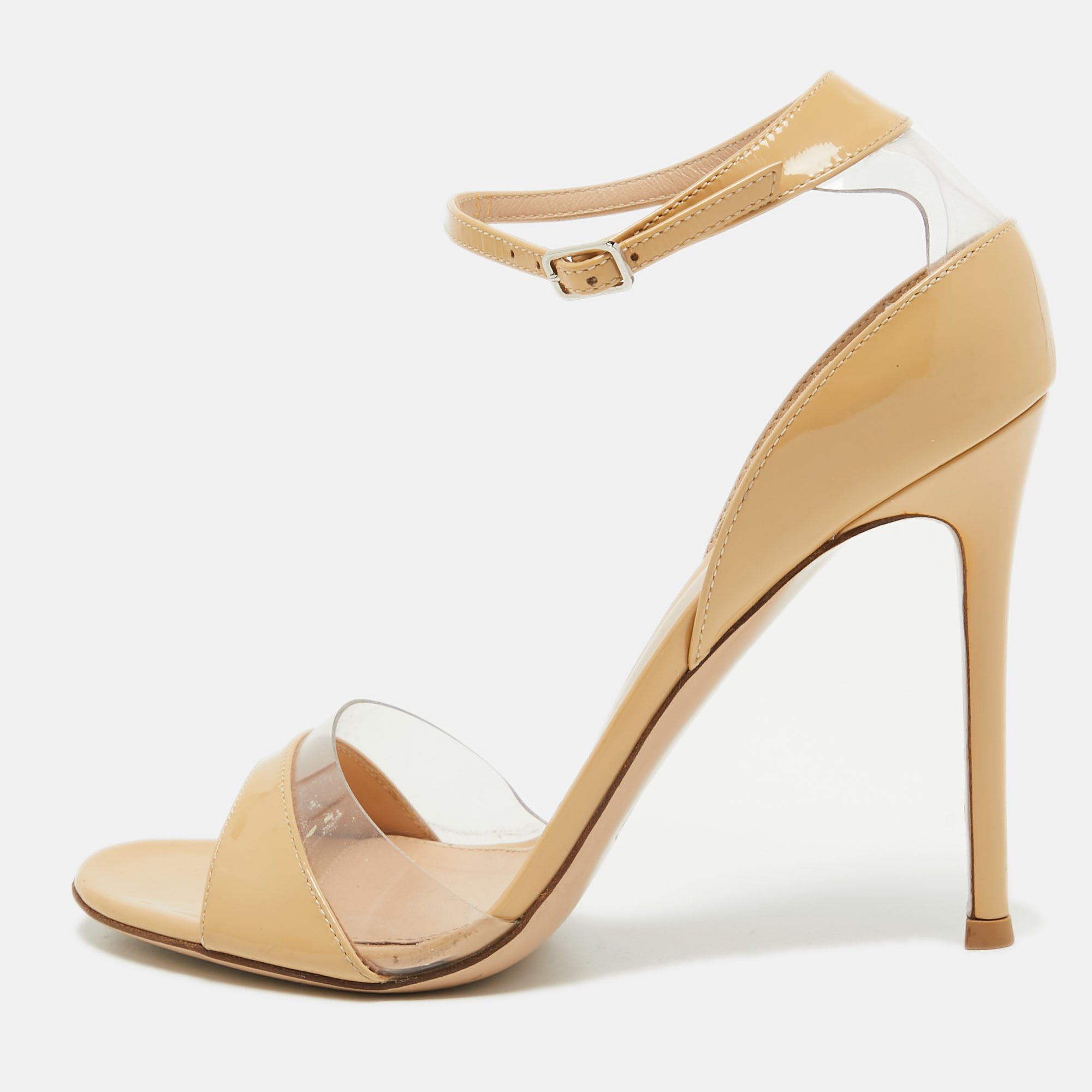 Pre-owned Gianvito Rossi Beige Patent Leather And Pvc Ankle Strap Sandals Size 37