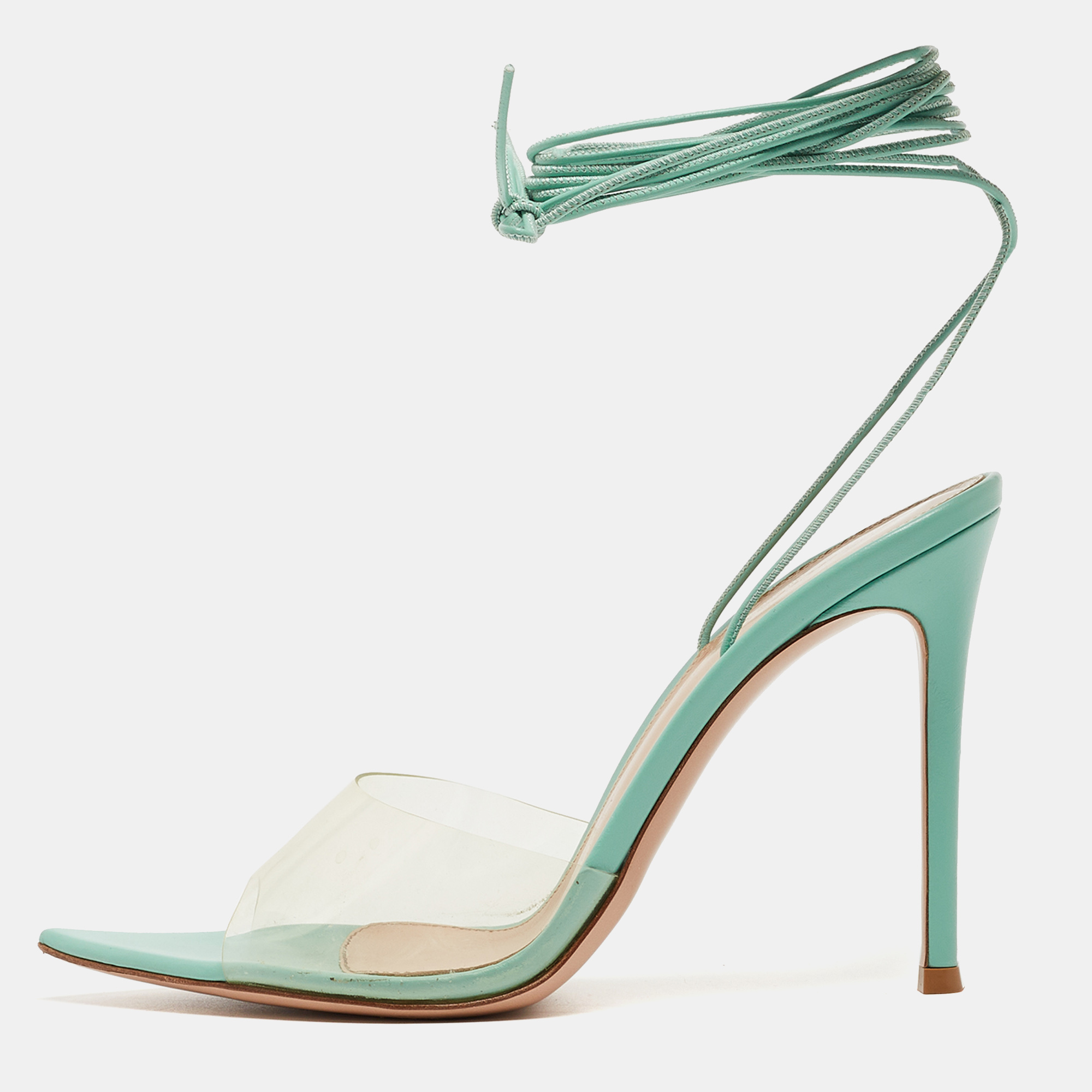 Pre-owned Gianvito Rossi Green Leather Ankle Wrap Sandals Size 38