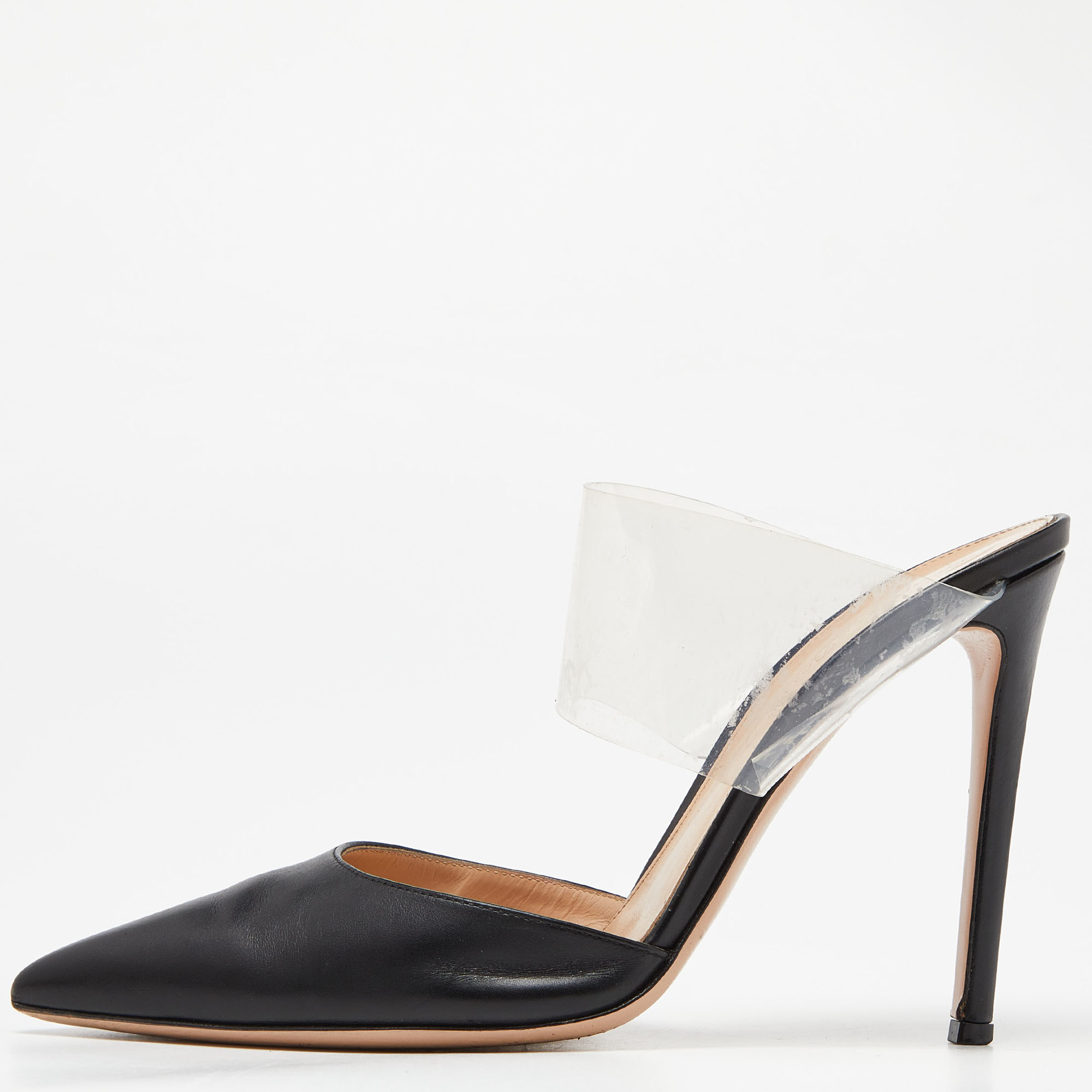

Gianvito Rossi Black Leather and PVC Plexi Pointed Toe Mules Size
