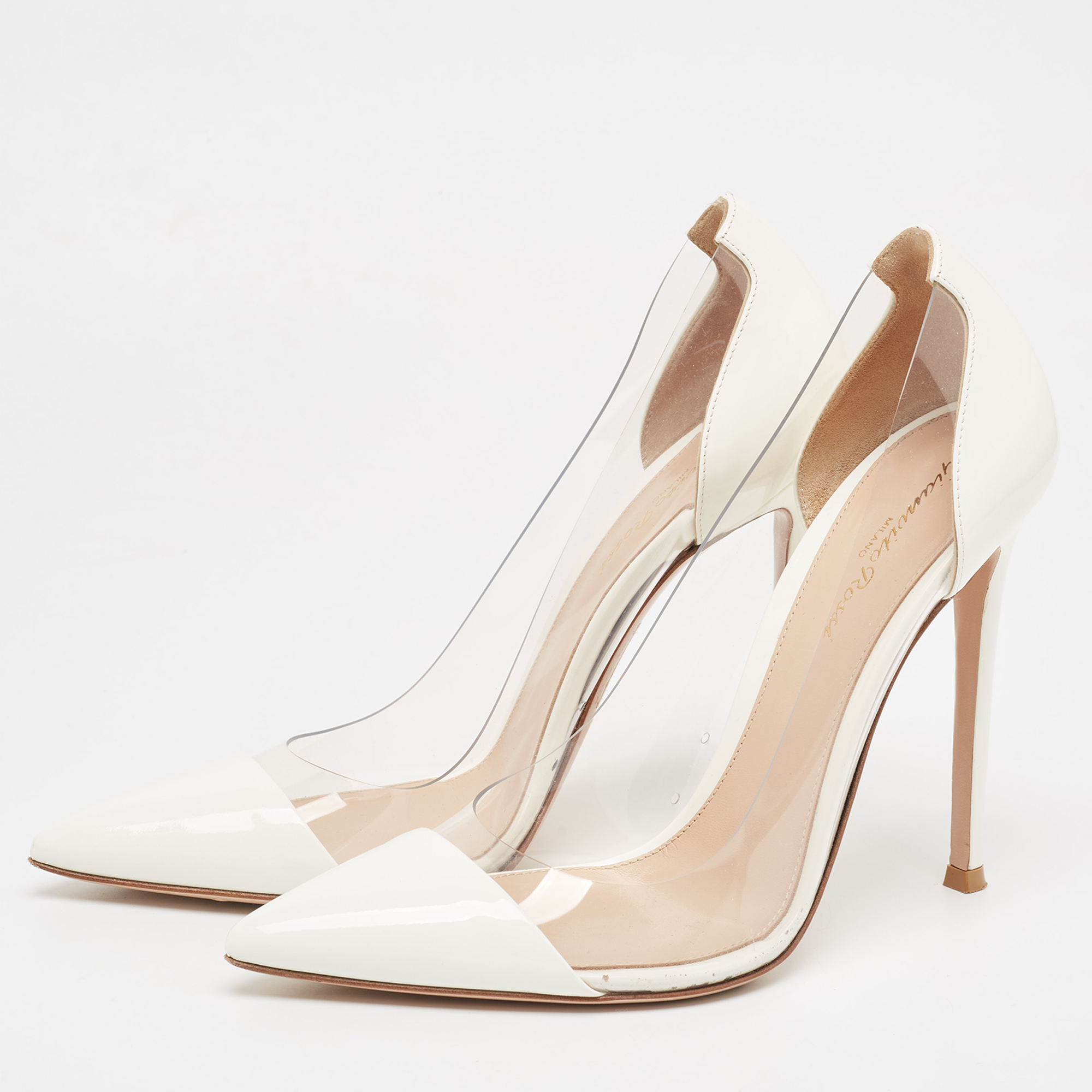 

Gianvito Rossi White PVC and Patent Plexi Pumps Size