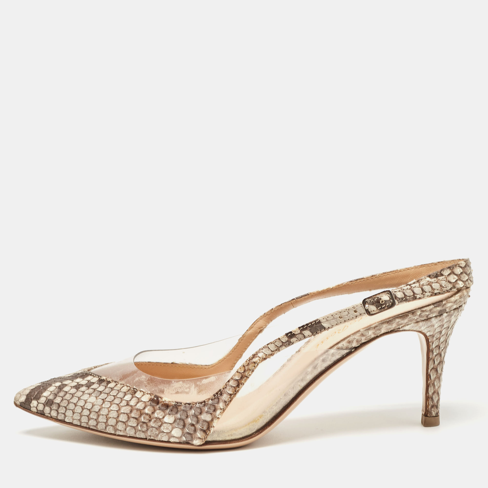 

Gianvito Rossi Brown/Beige Python and PVC Slingback Pumps Size