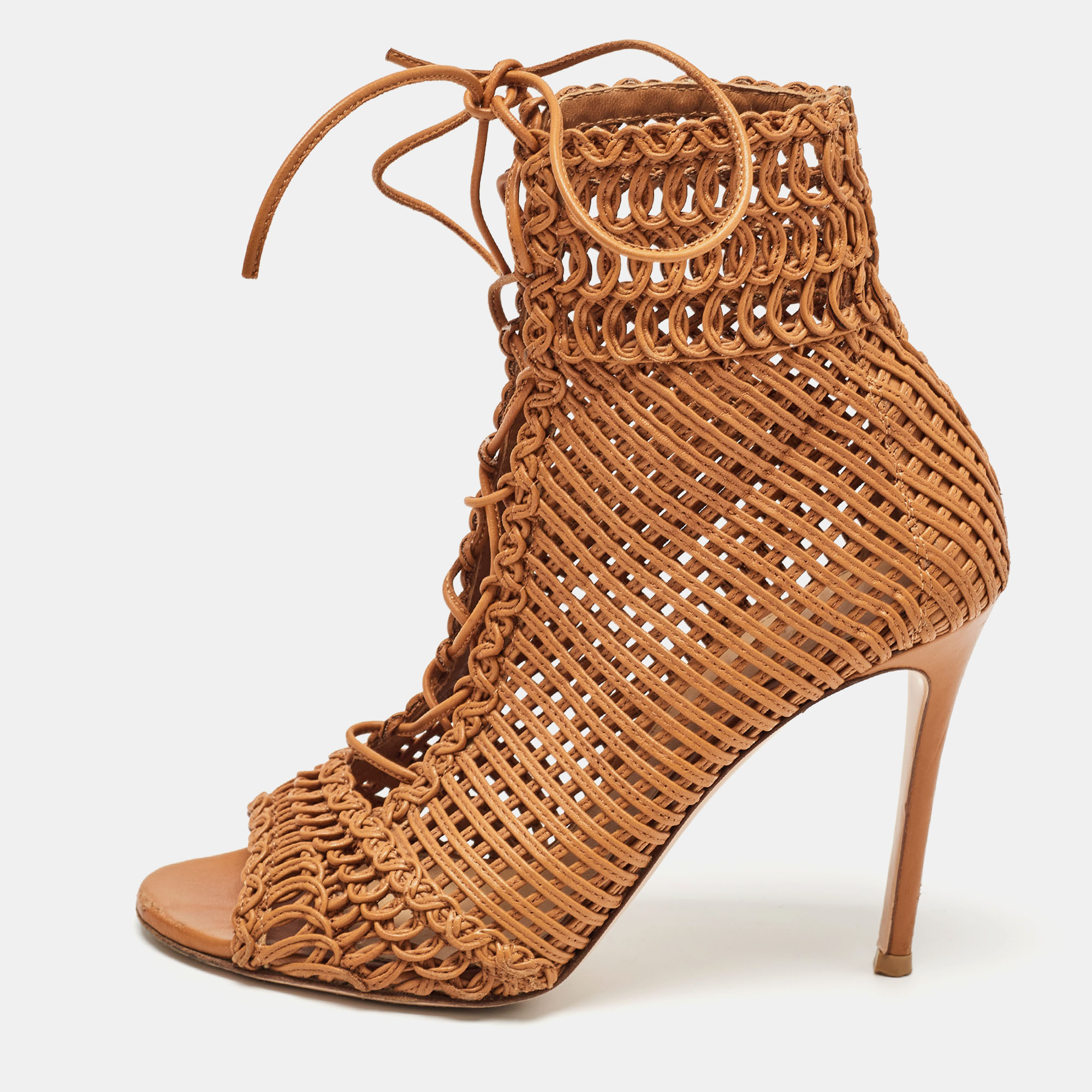 

Gianvito Rossi Tan Woven Leather Marnie Ankle Boots Size