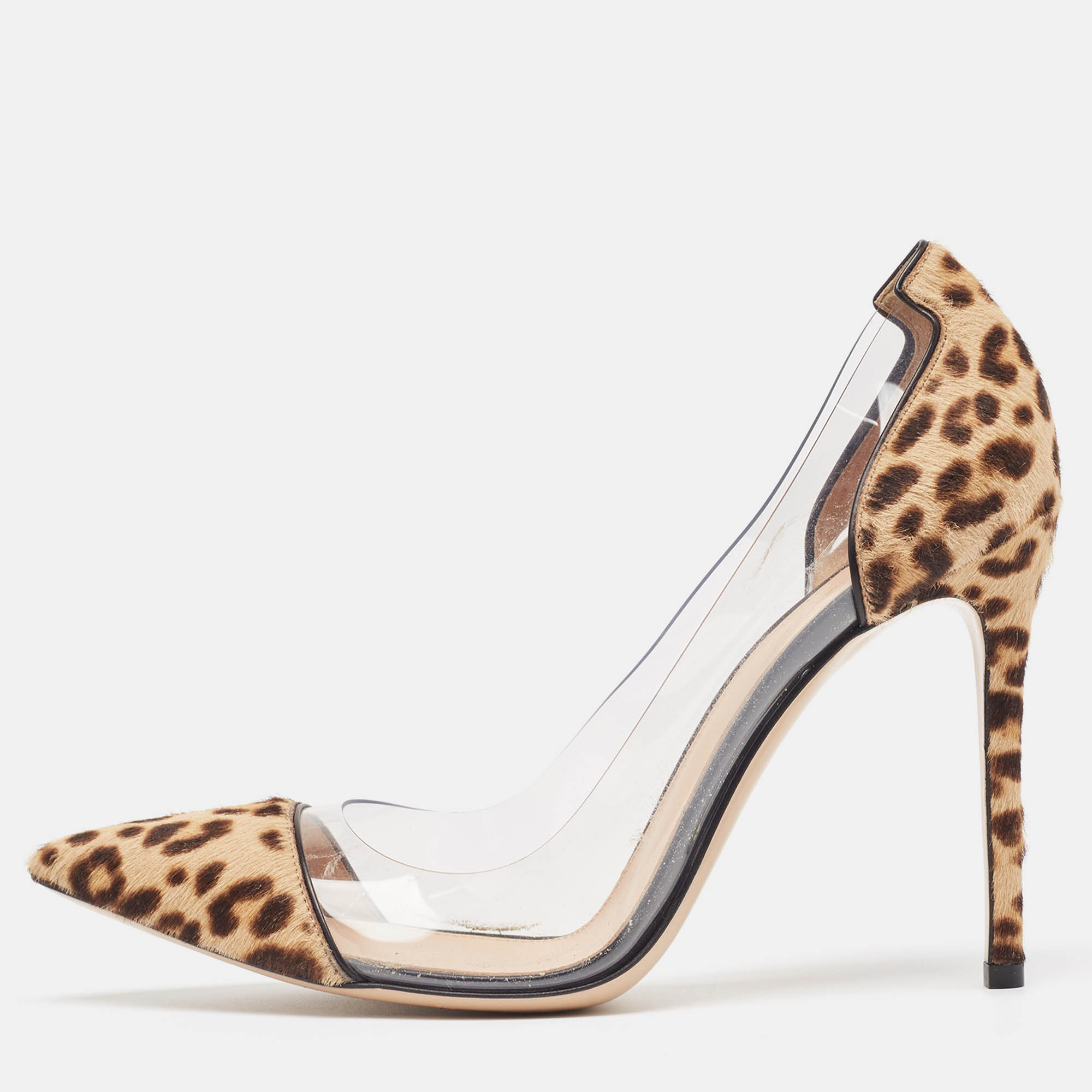 

Gianvito Rossi Beige/Brown Calf Hair And PVC Plexi Pointed Toe Pumps Size
