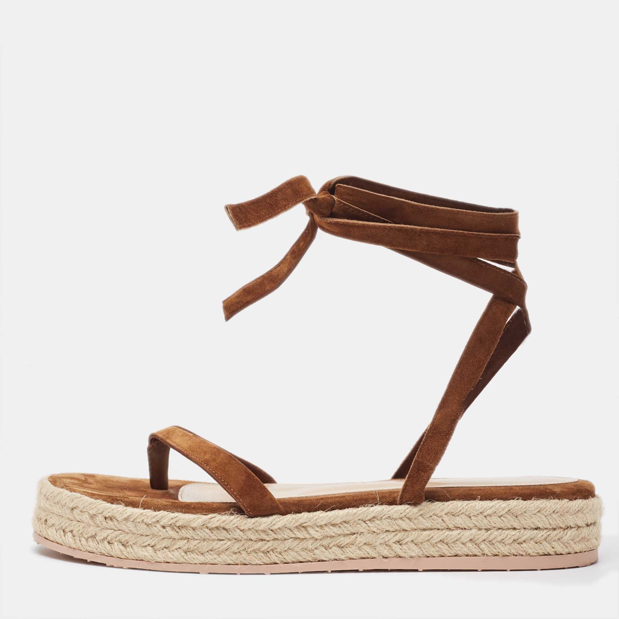 

Gianvito Rossi Brown Suede Ankle Tie Espadrille Sandals Size