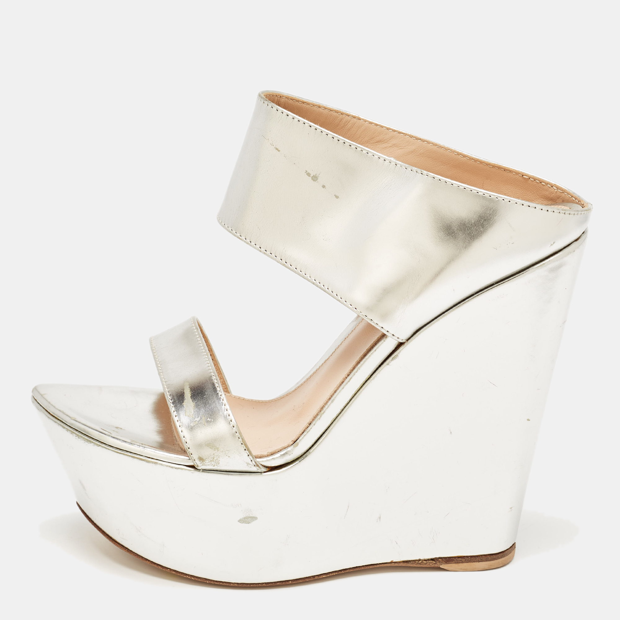 Silver Patent Leather Platform Wedge Sandals