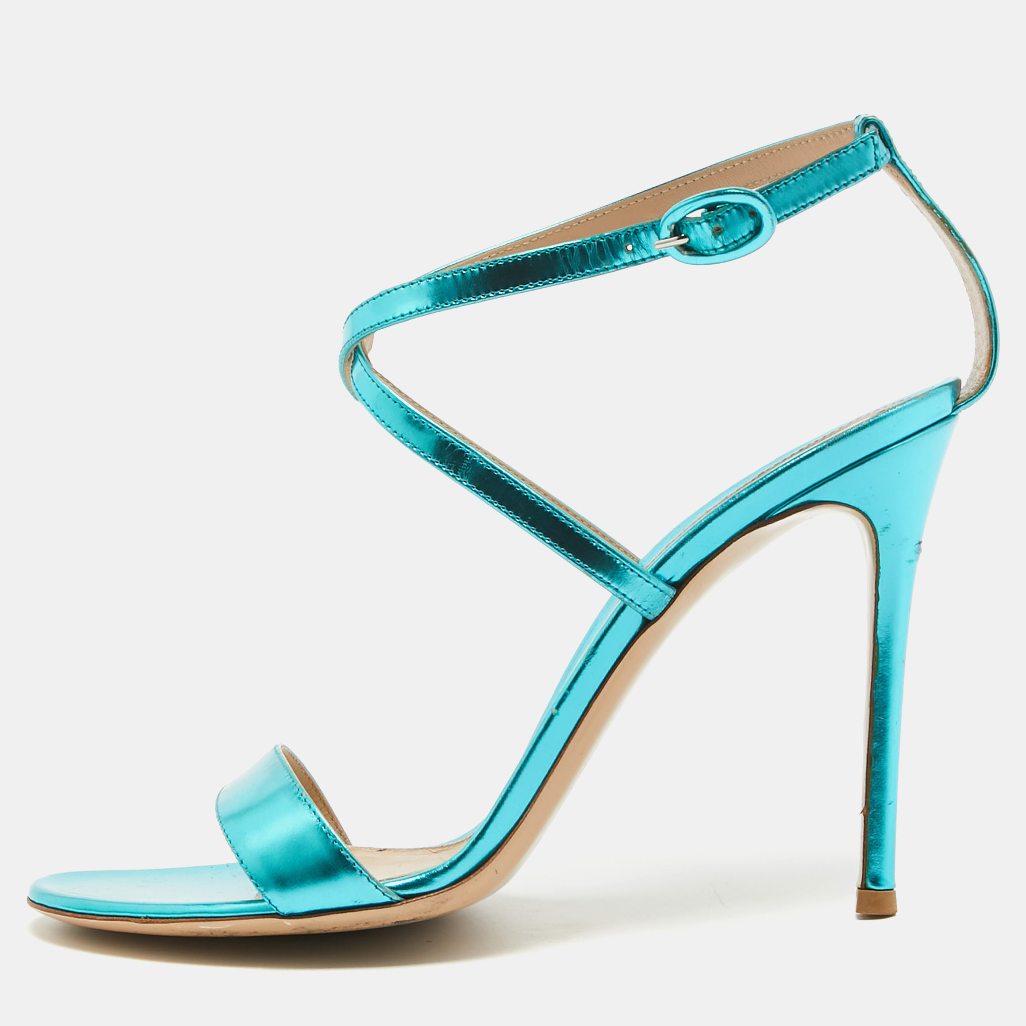 Pre-owned Gianvito Rossi Metallic Blue Leather Cross Ankle Strap Sandals Size 39