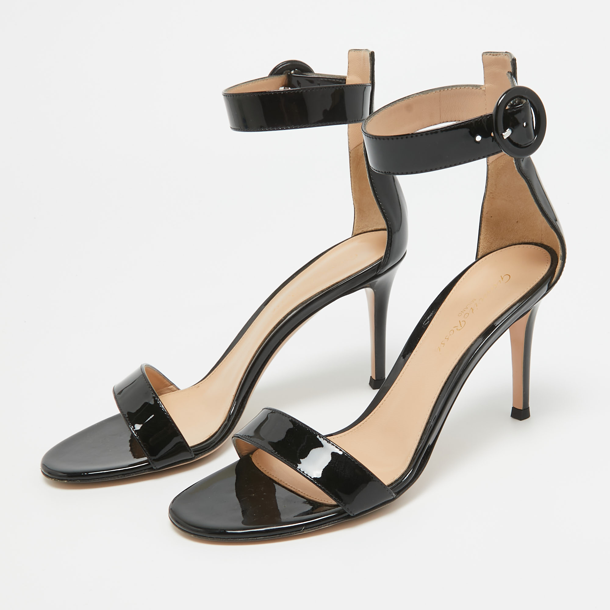 Gianvito Rossi Black Patent Leather Ankle Strap Sandals Size 37 