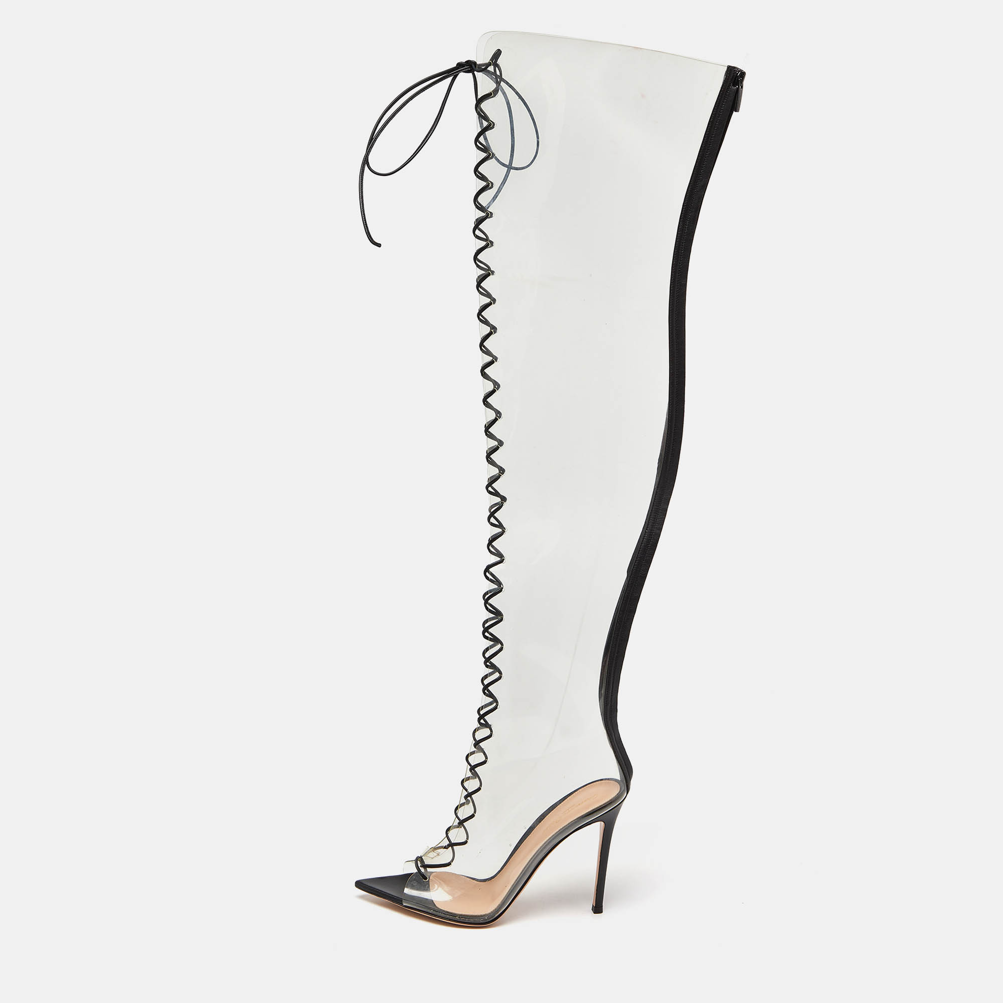 

Gianvito Rossi Transparent/Black Leather and PVC Nikita Over The Knee Length Boots Size