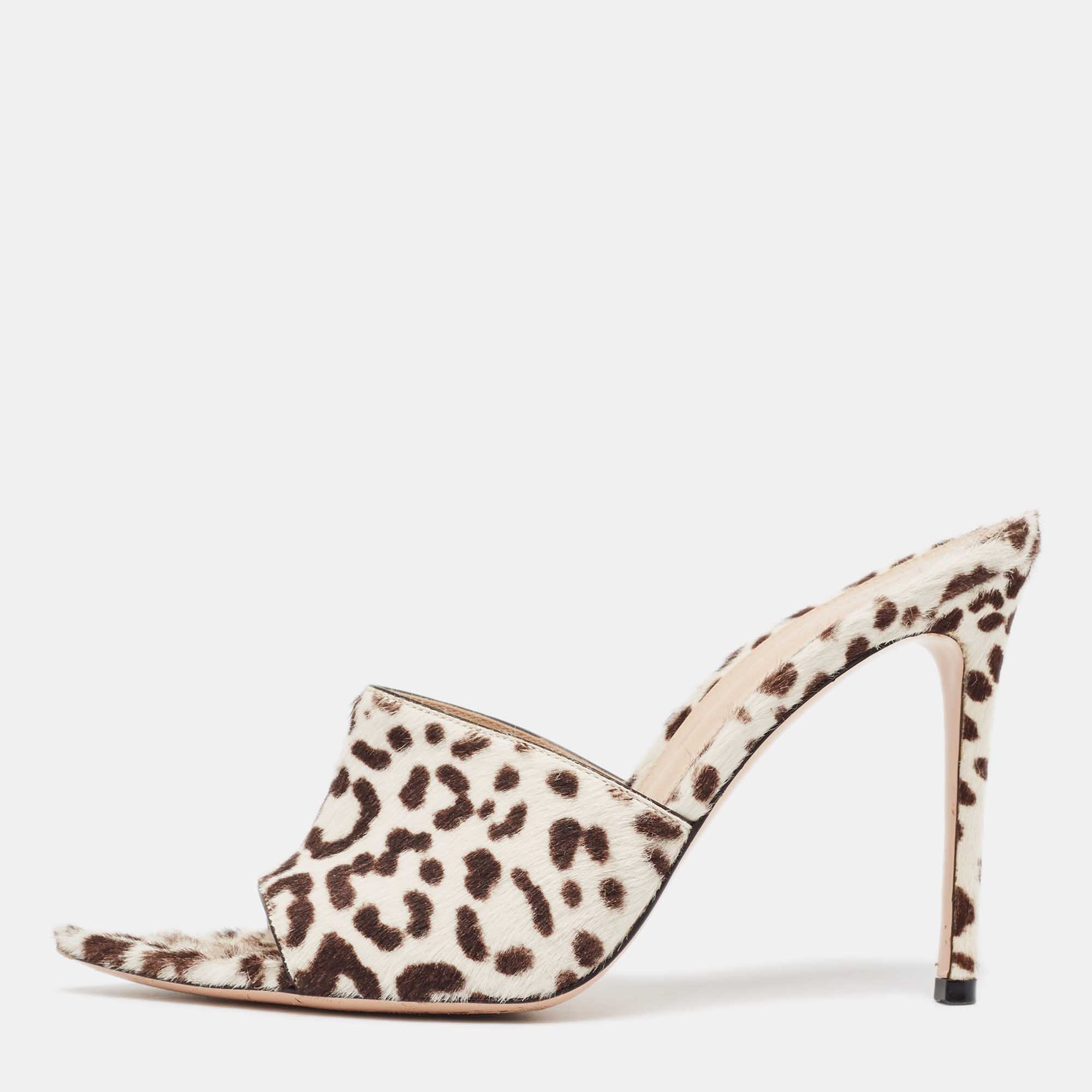 

Gianvito Rossi Brown/White Leopard Print Calfhair Elle Slide Sandals Size