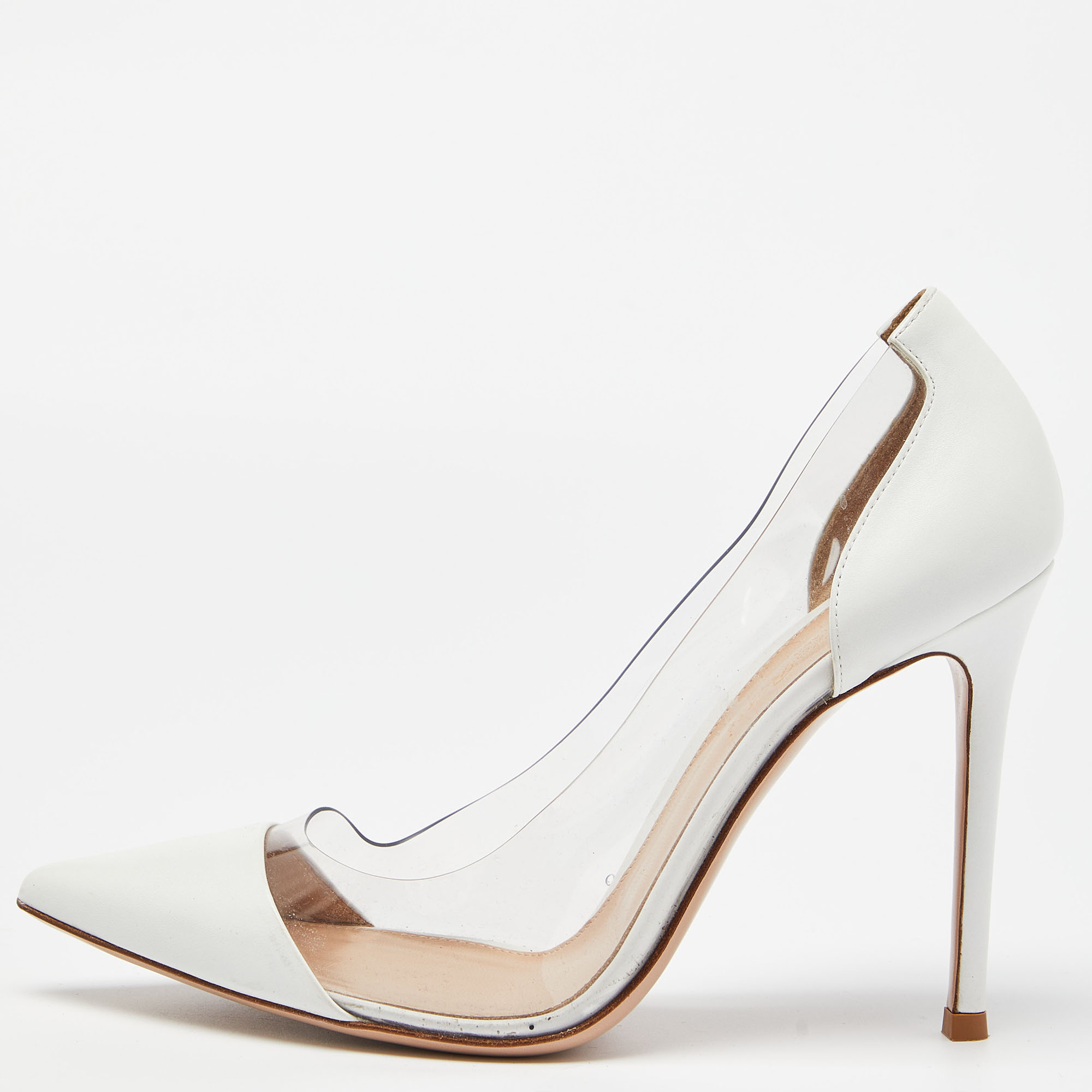 

Gianvito Rossi White Leather and PVC Plexi Pointed Toe Pumps Size