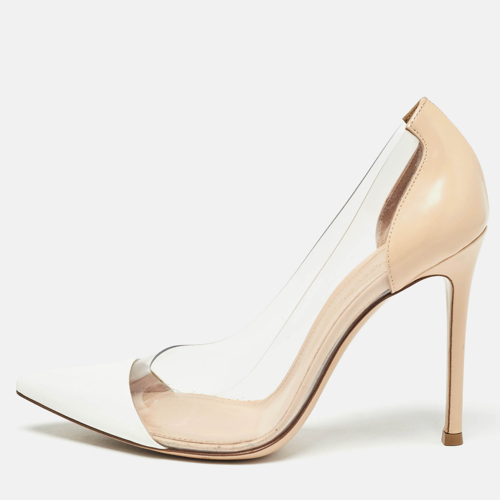 

Gianvito Rossi Beige/White Leather and PVC Plexi Pointed Toe Pumps Size