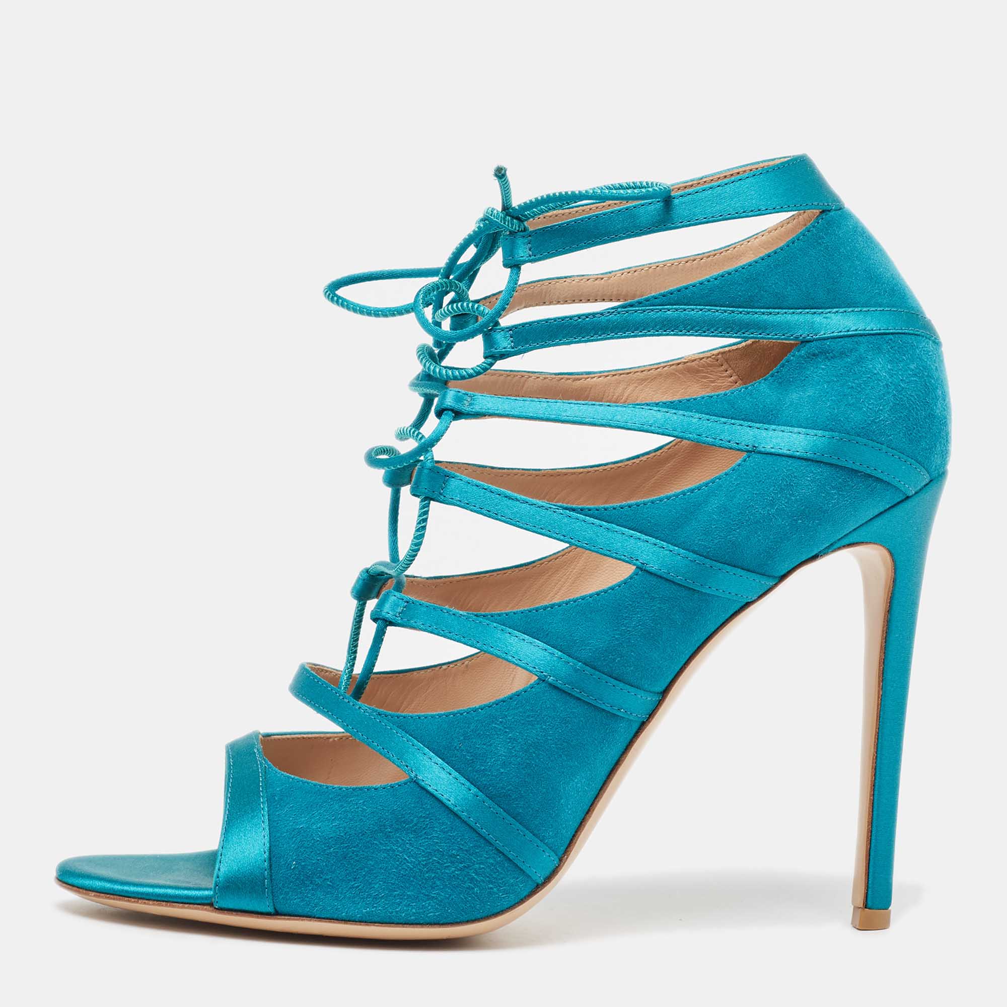 

Gianvito Rossi Teal Suede and Satin Cut Out Ankle Tie Sandals Size, Green
