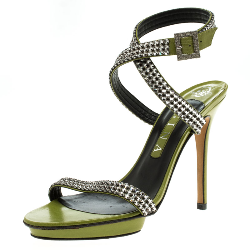 Gina Green Crystal Embellished Leather Cross Ankle Strap Sandals Size 39