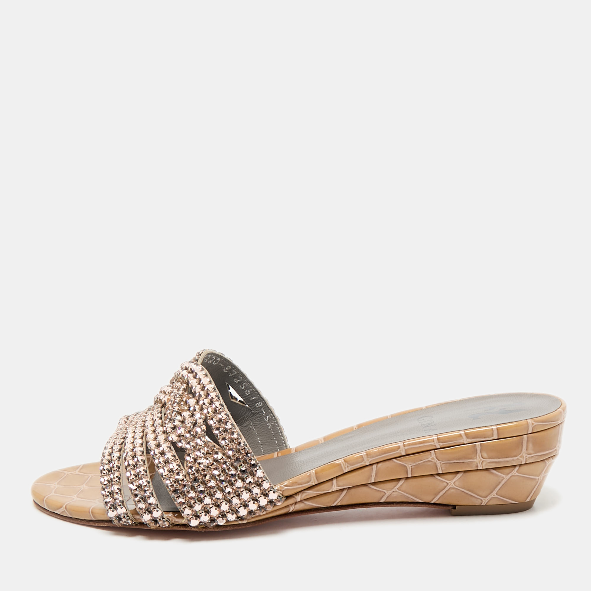 

Gina Beige Leather Crystal Embellished Daphne Slide Sandals Size 38.5